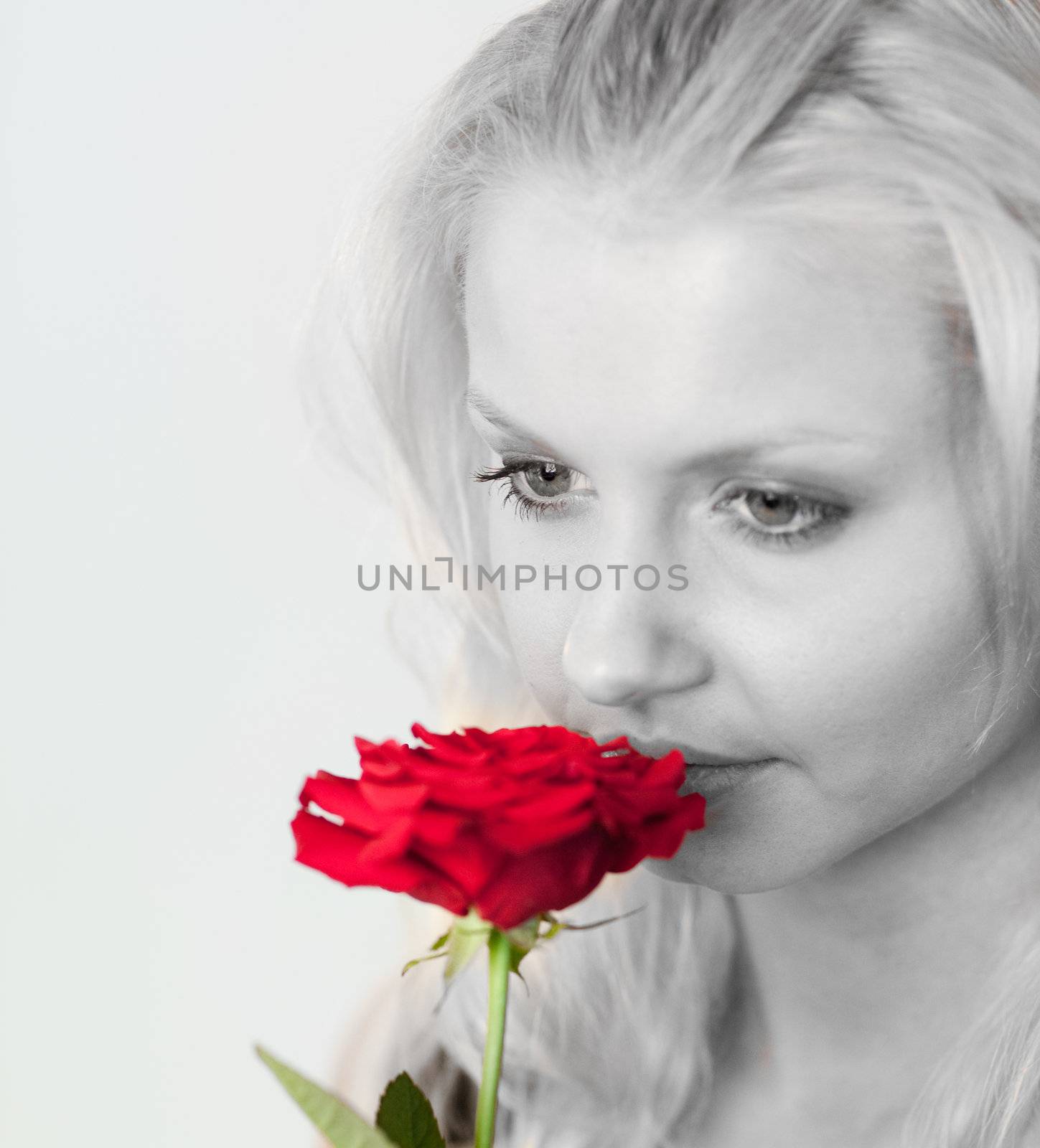 Portrait of an beautiful woman in black and white smelling a red rose 