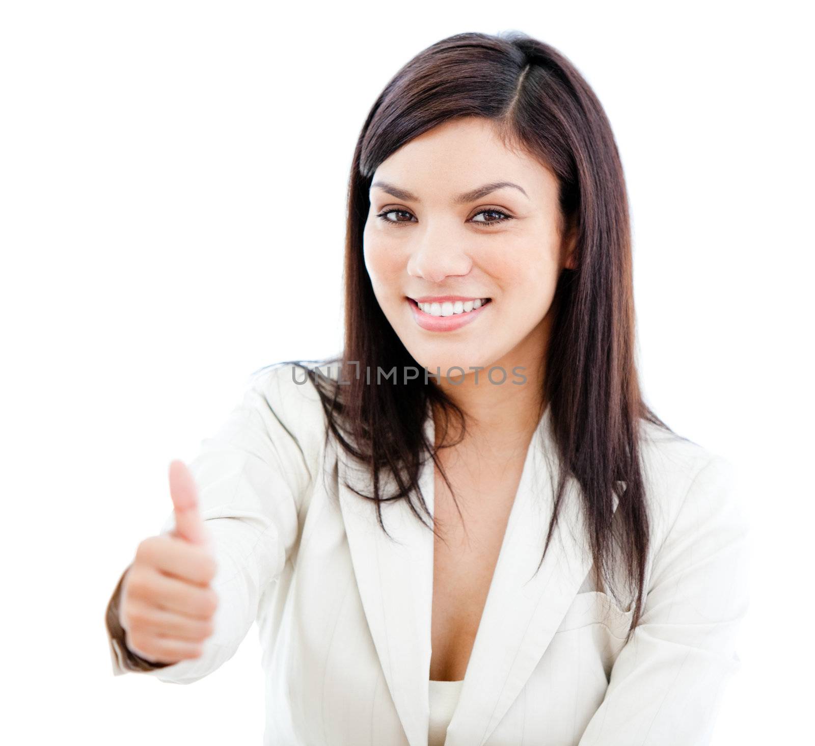 Portrait beautiful businesswoman doing a thumb-up against a white background