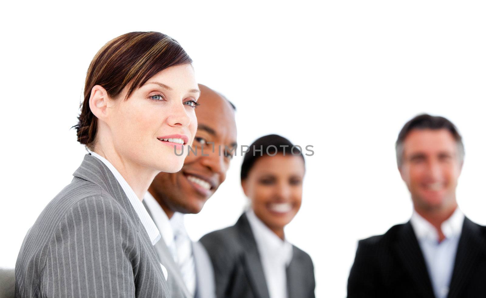 Portrait of smiling businesspeople listenning a presentation against a white background