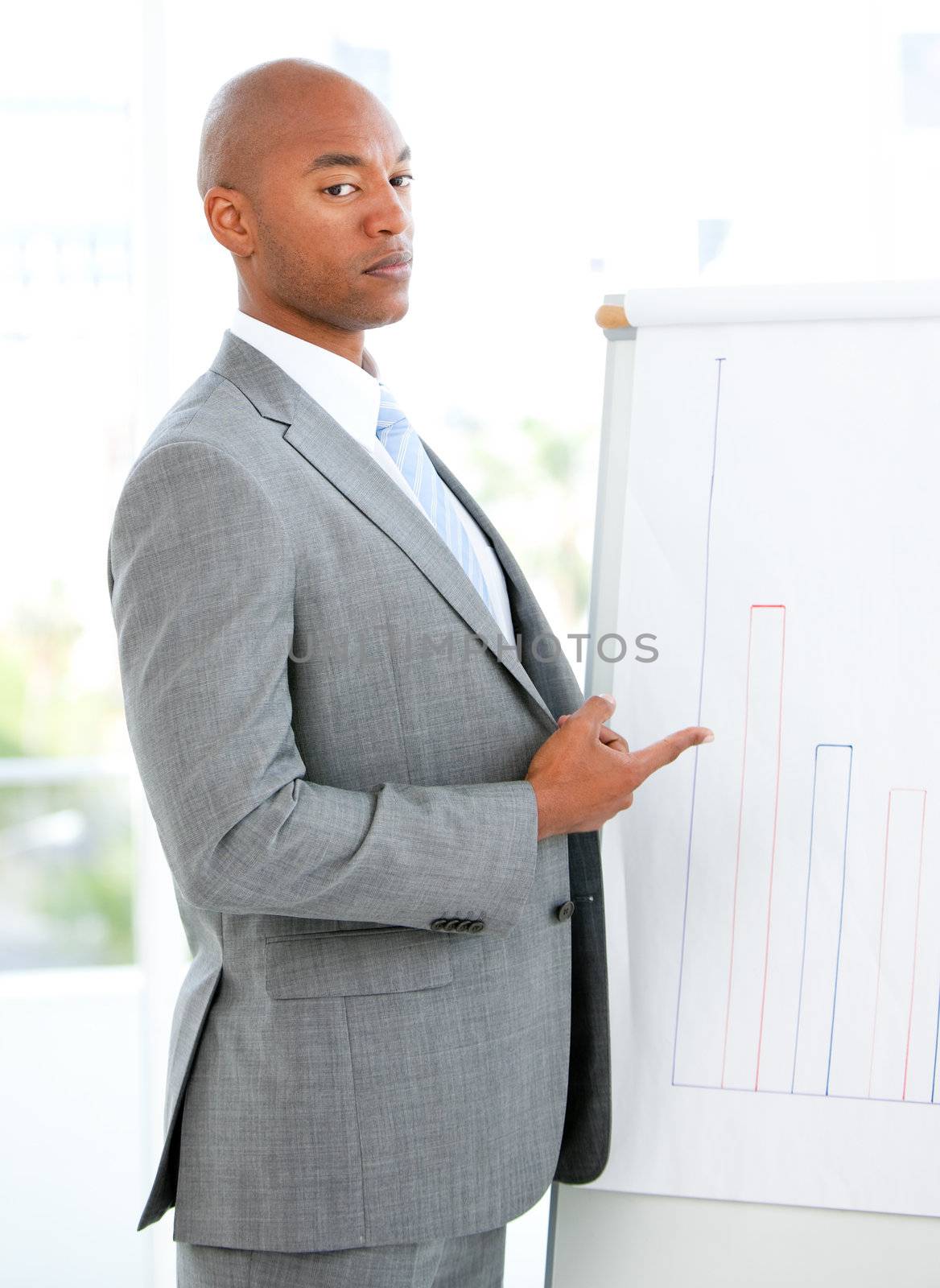 Portrait of a charismatic businessman pointing a white board  in a meeting