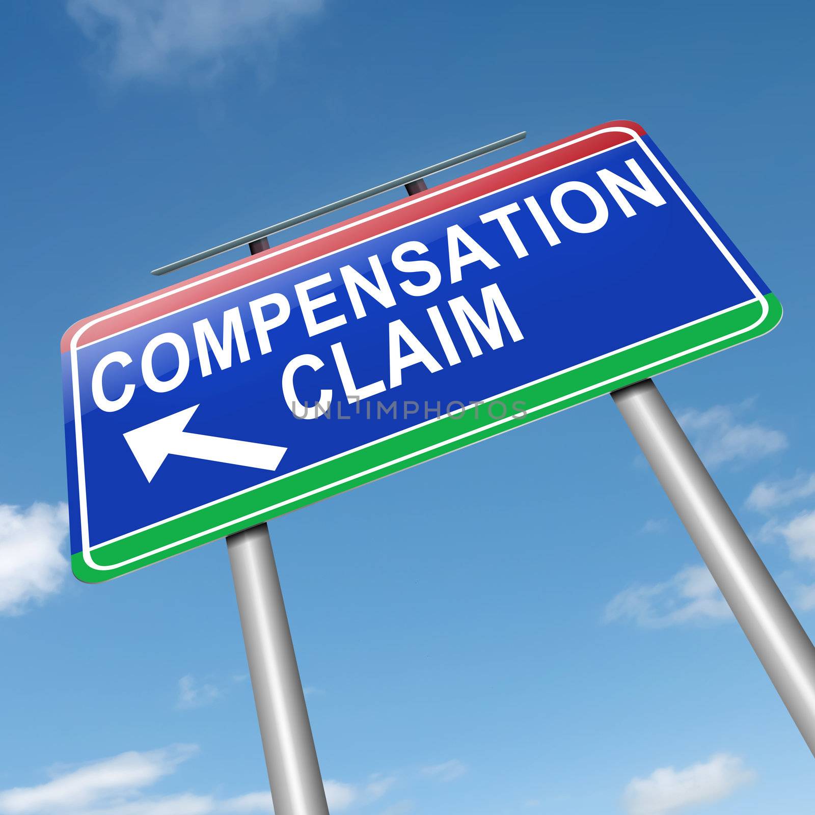 Illustration depicting a roadsign with a compensation claim concept. Sky background.