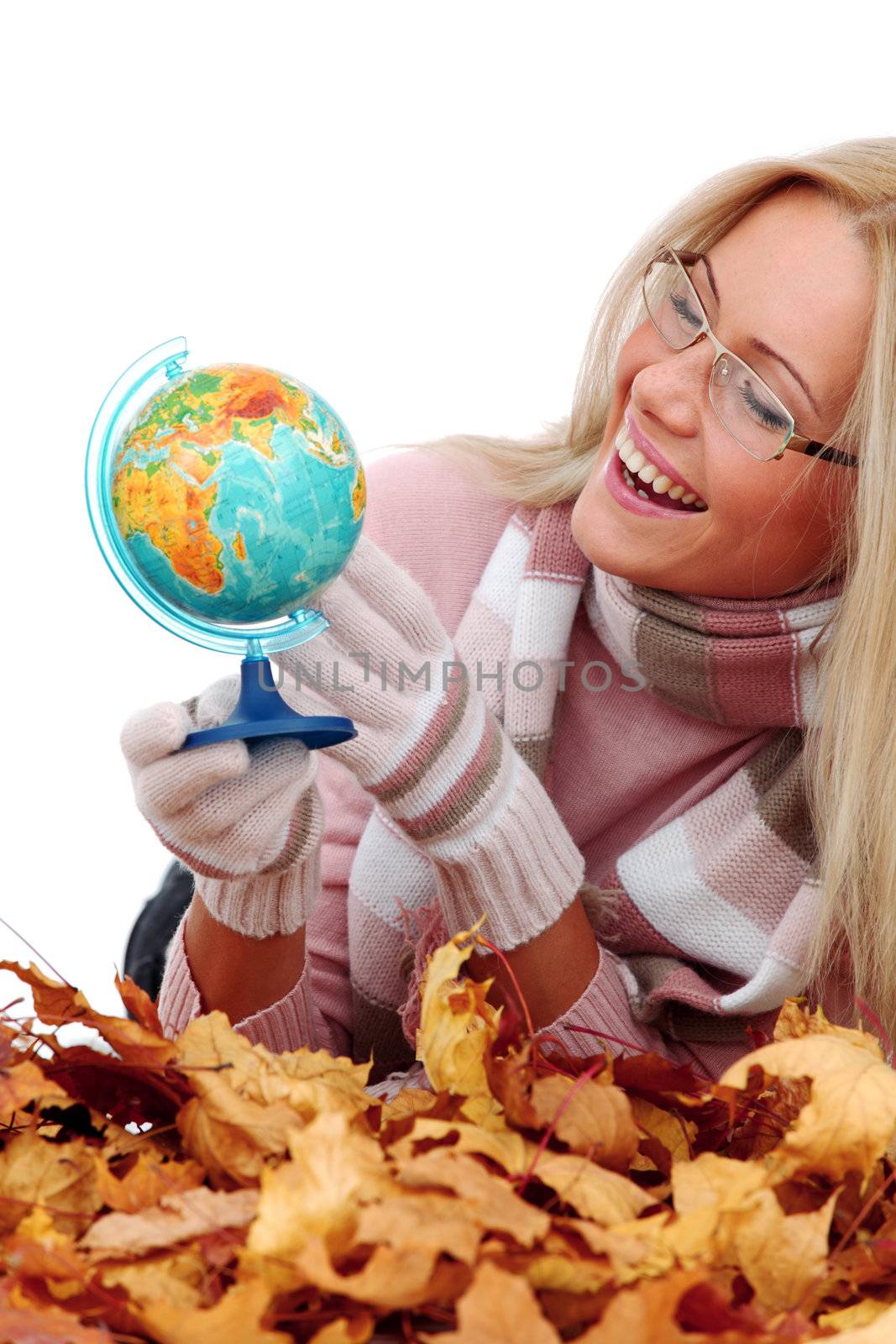 woman take globe isolated in studio