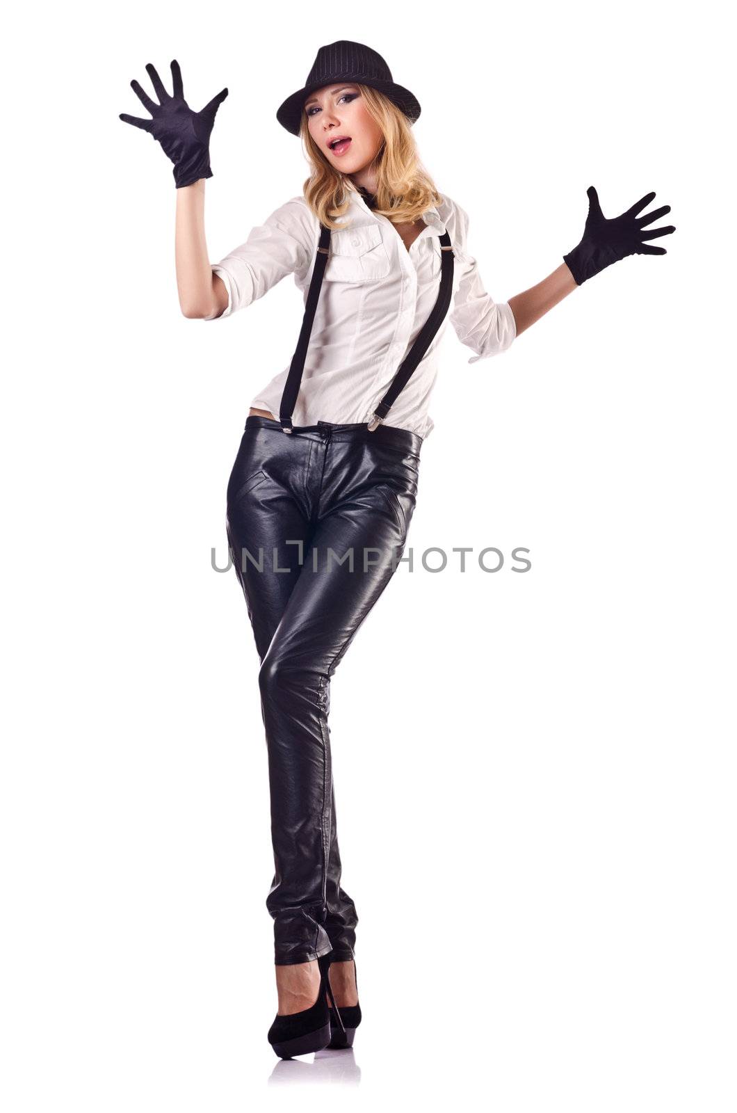 Attractive woman dancing in leather suit