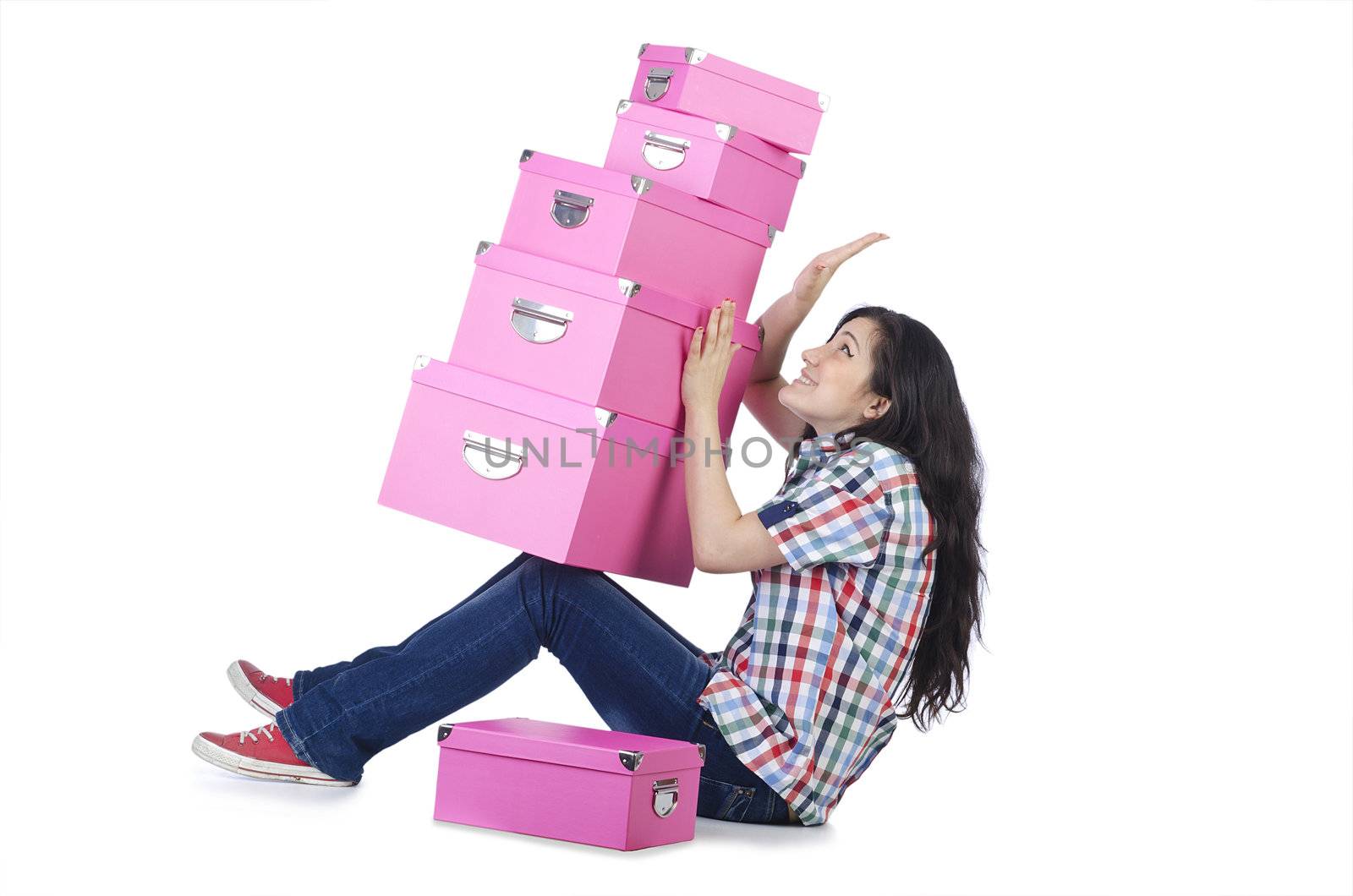 Girl with lots of gifts on white