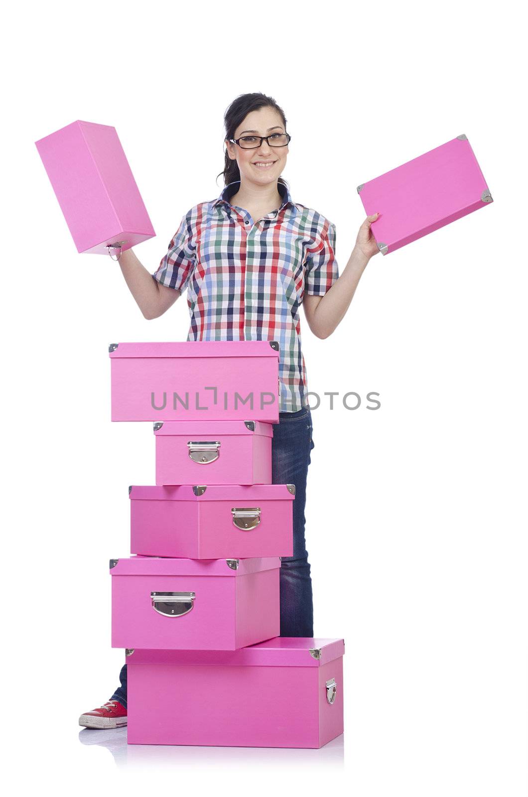 Girl with lots of gifts on white