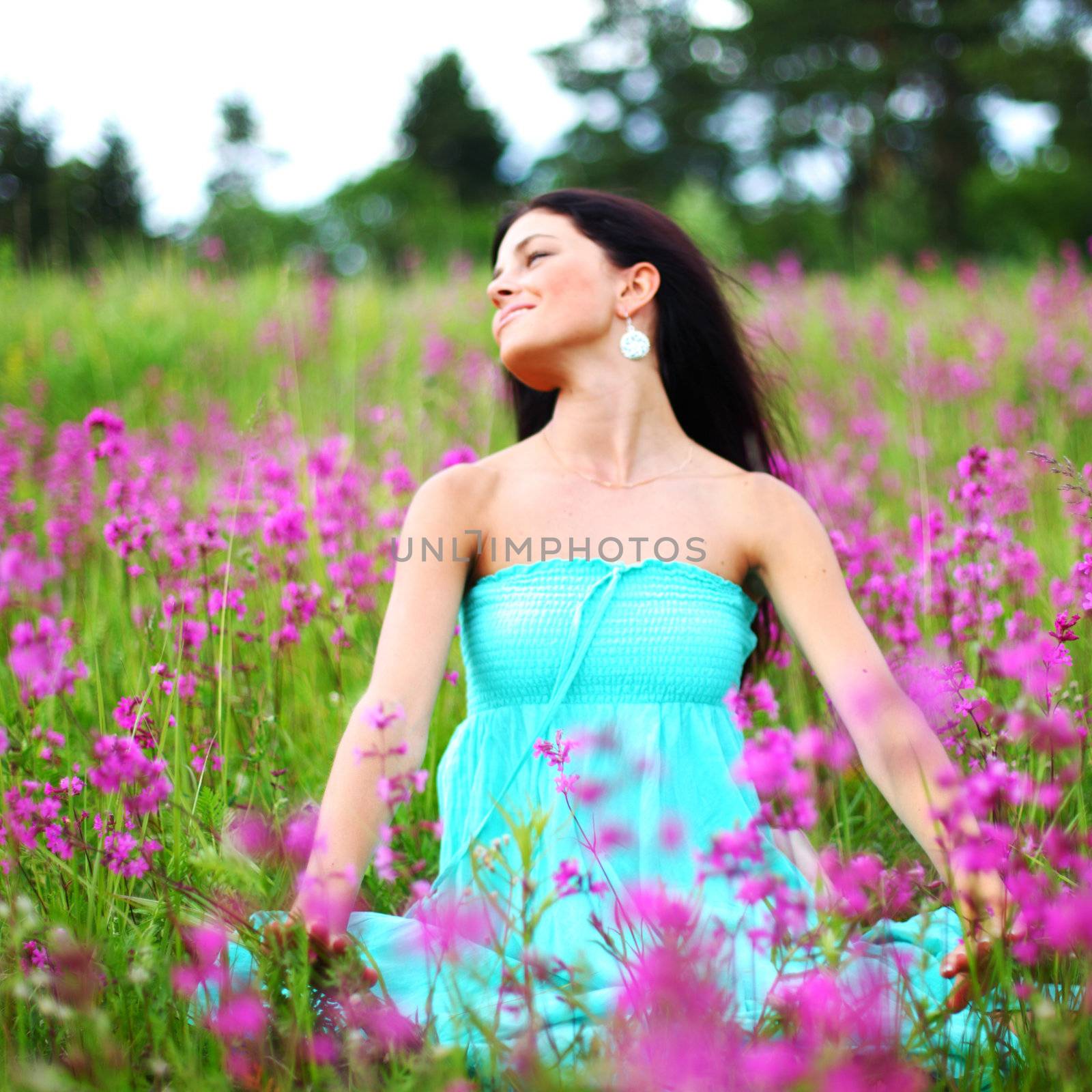  woman on pink flower field by Yellowj