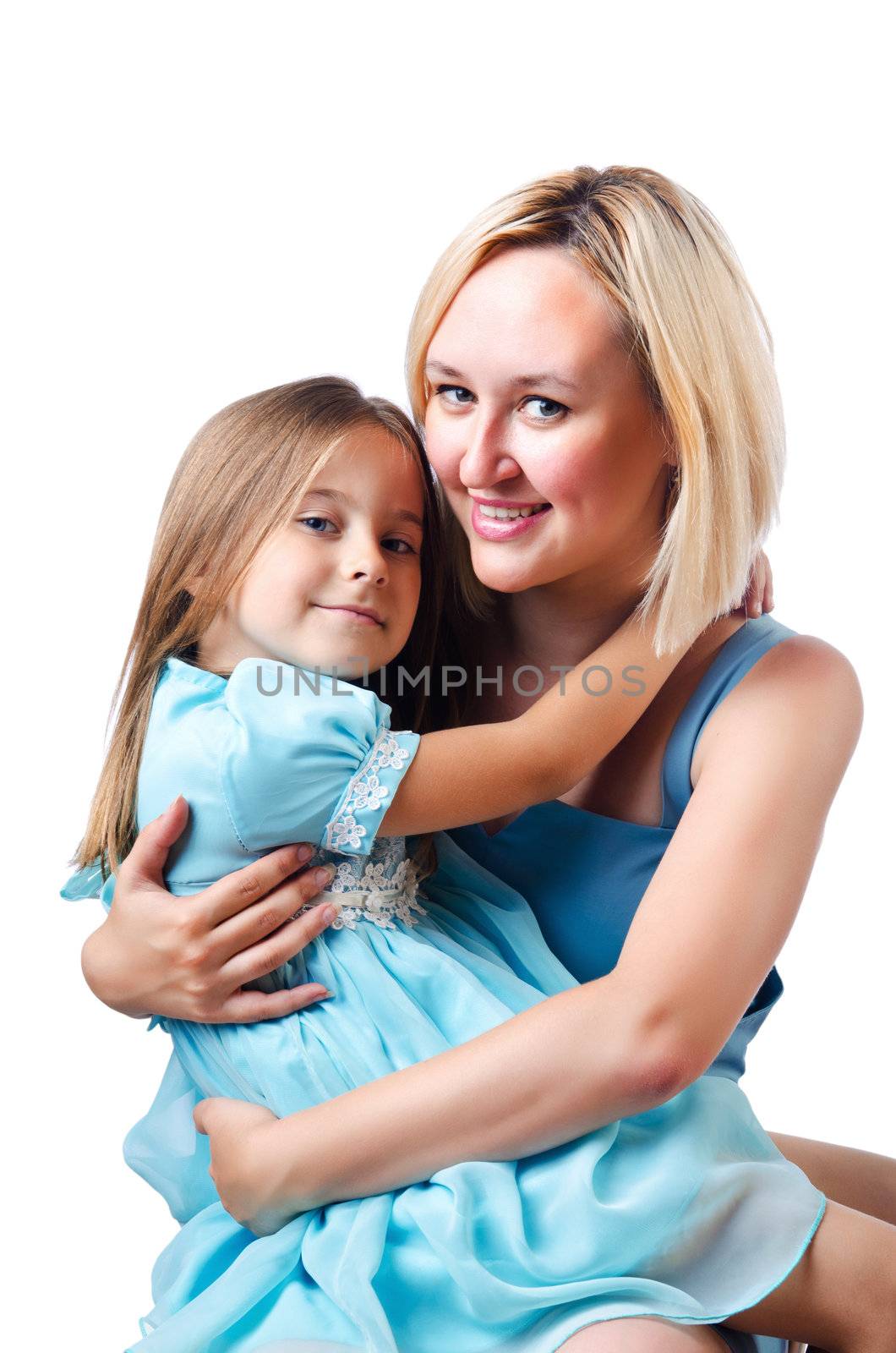 Happy mom and daughter on white