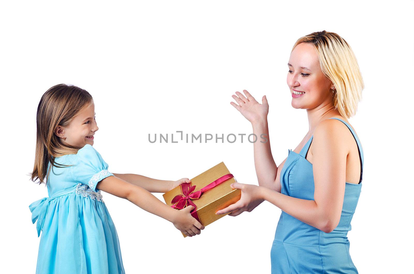 Happy mom and daughter on white