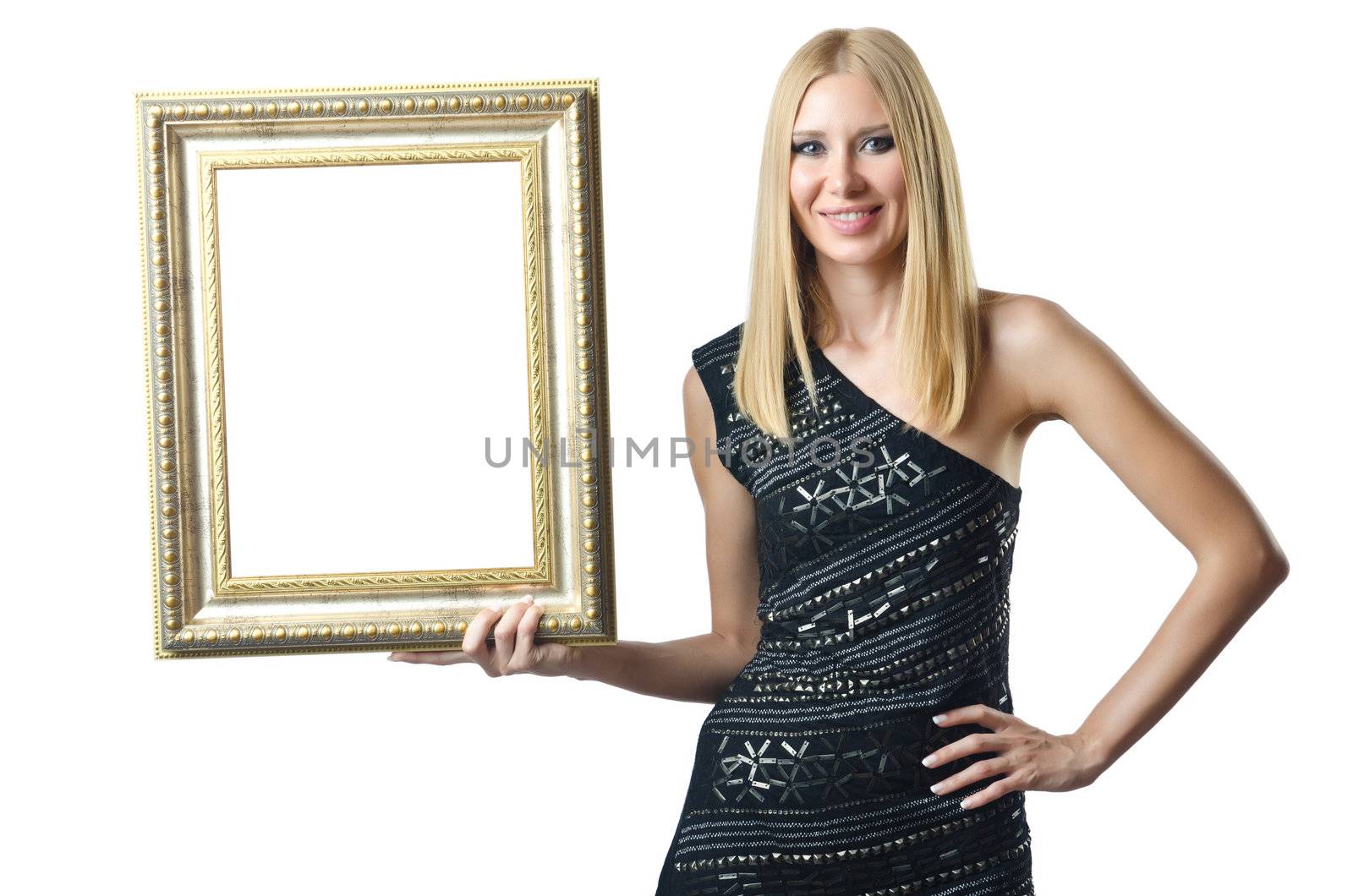 Woman holding picture frame on white by Elnur