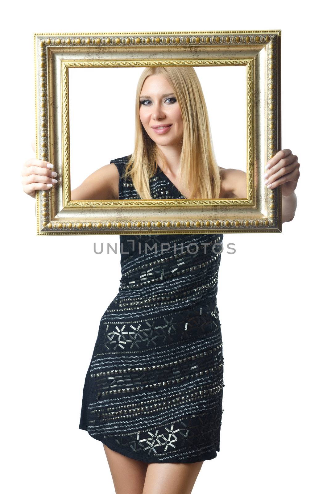 Woman holding picture frame on white