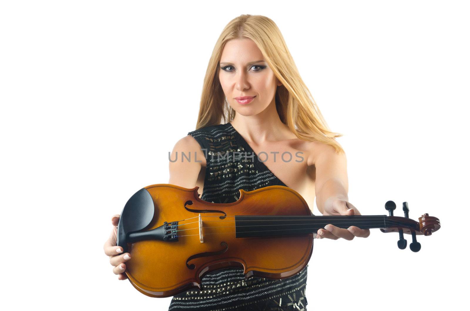 Woman playing violin on white by Elnur