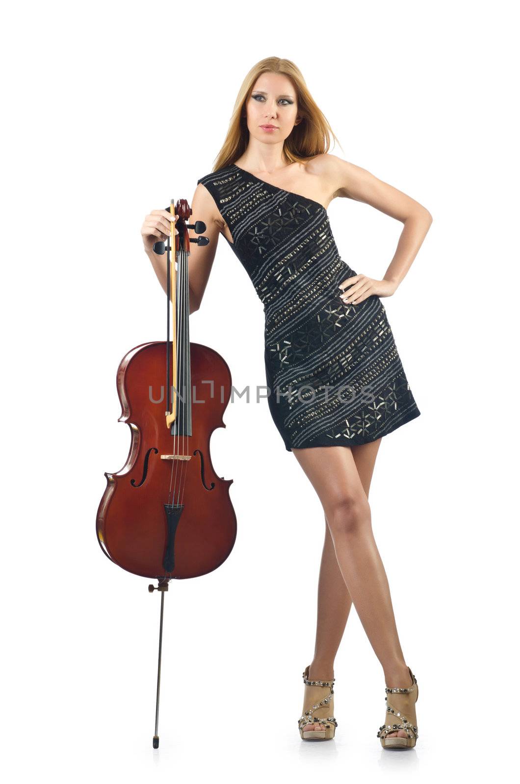 Woman performer with cello on white by Elnur