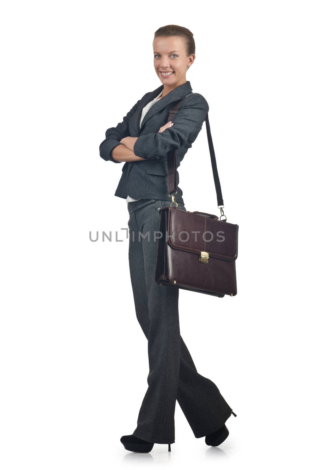 Businesswoman with briefcase on white by Elnur