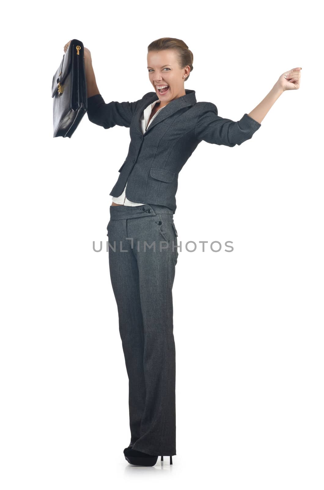 Businesswoman with briefcase on white