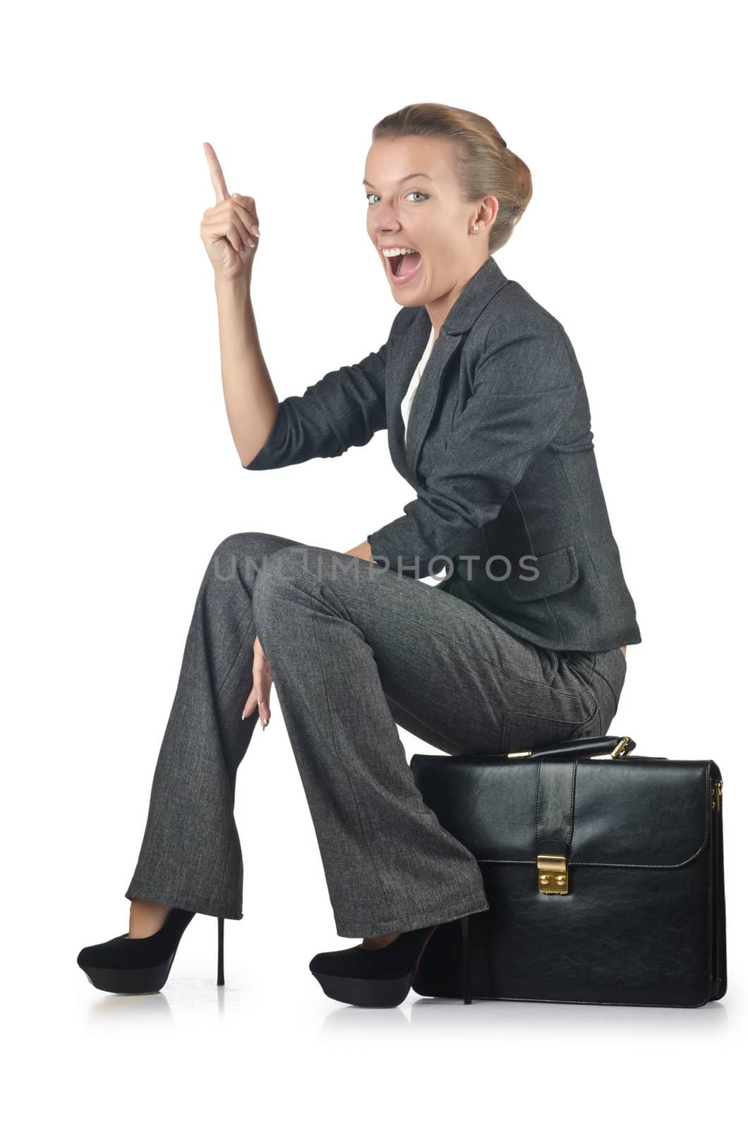 Businesswoman with briefcase on white by Elnur