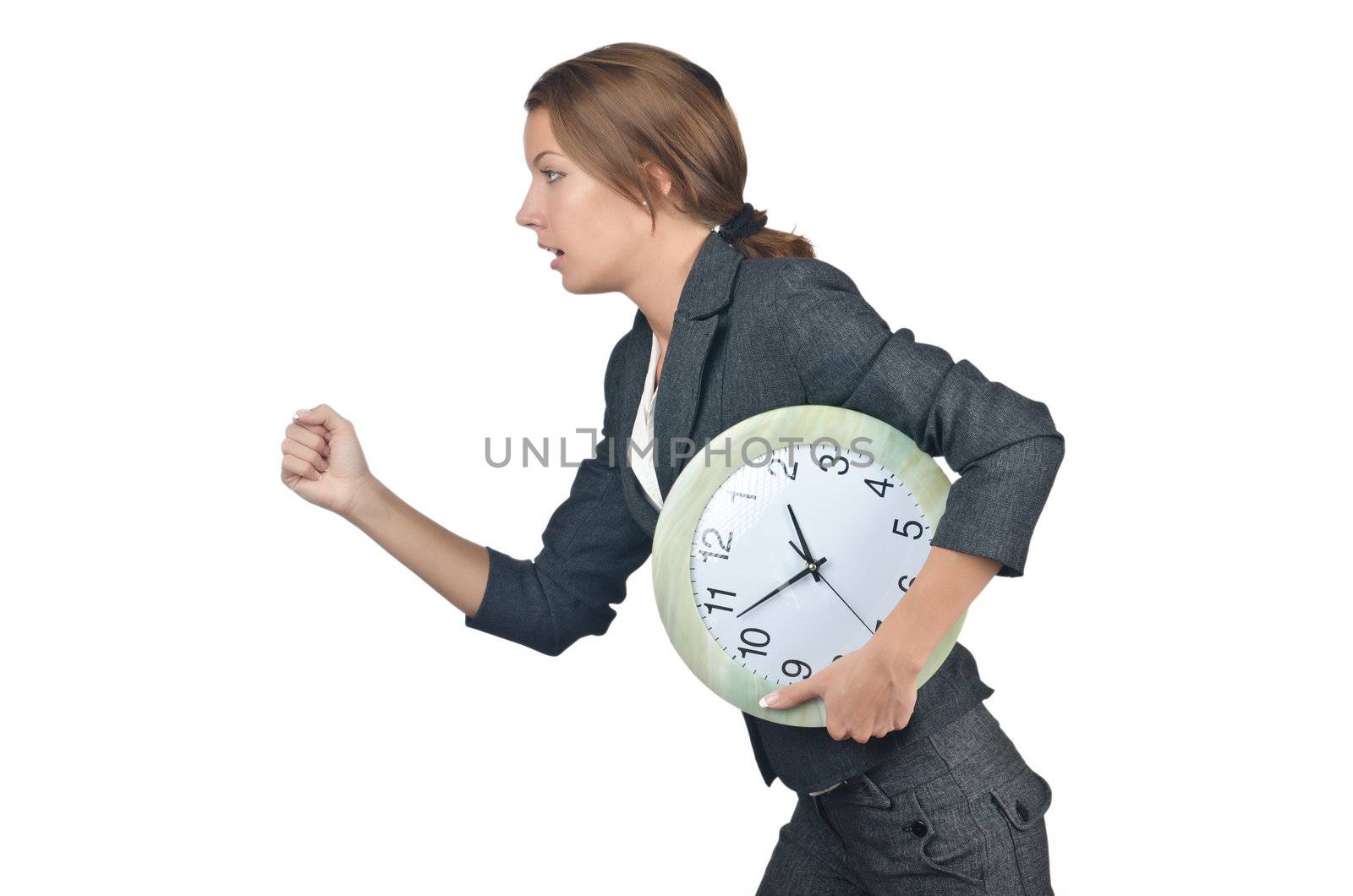 Businesswoman with clock isolated on white