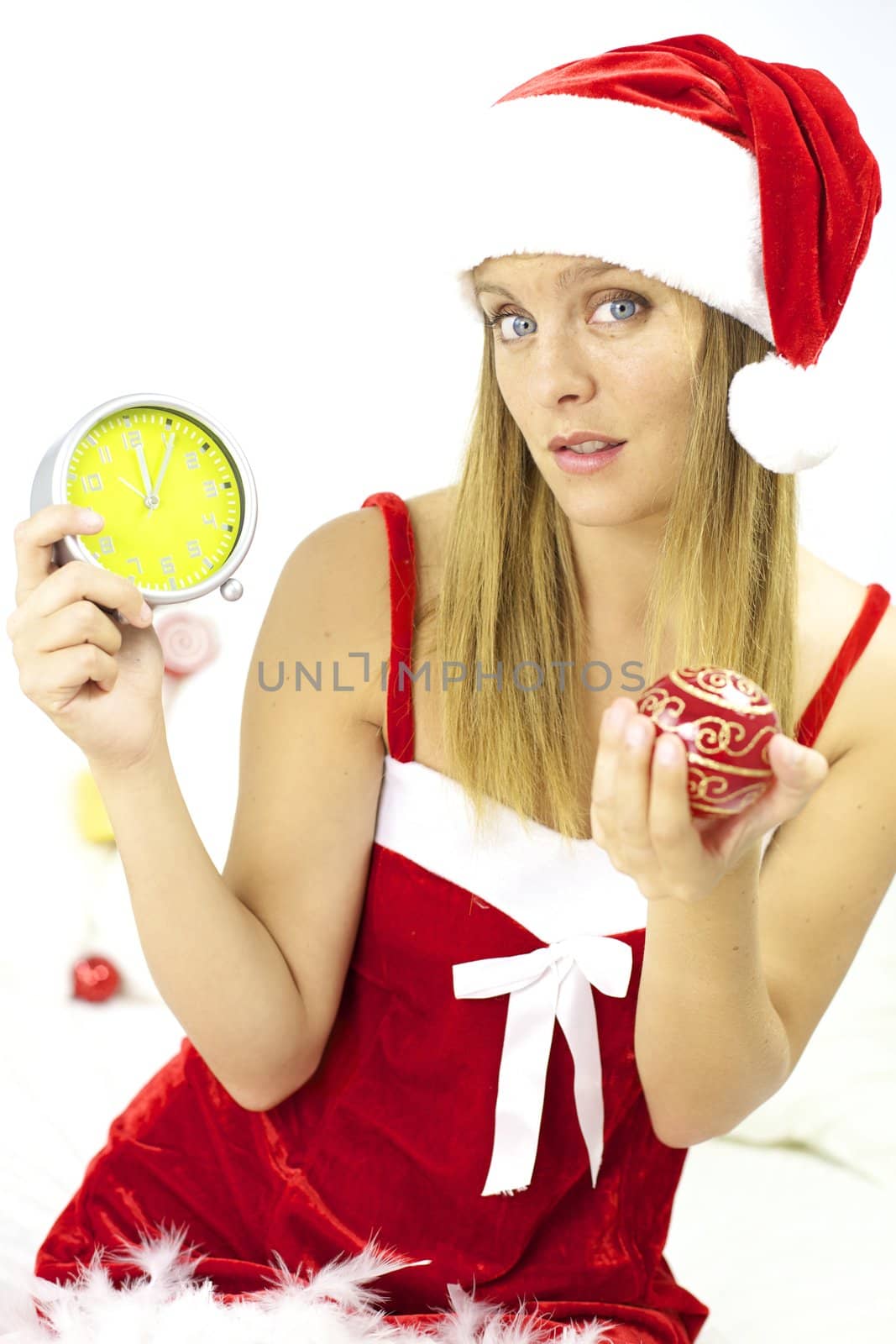 Sad Santa Claus showing clock late for Christmas night by fmarsicano