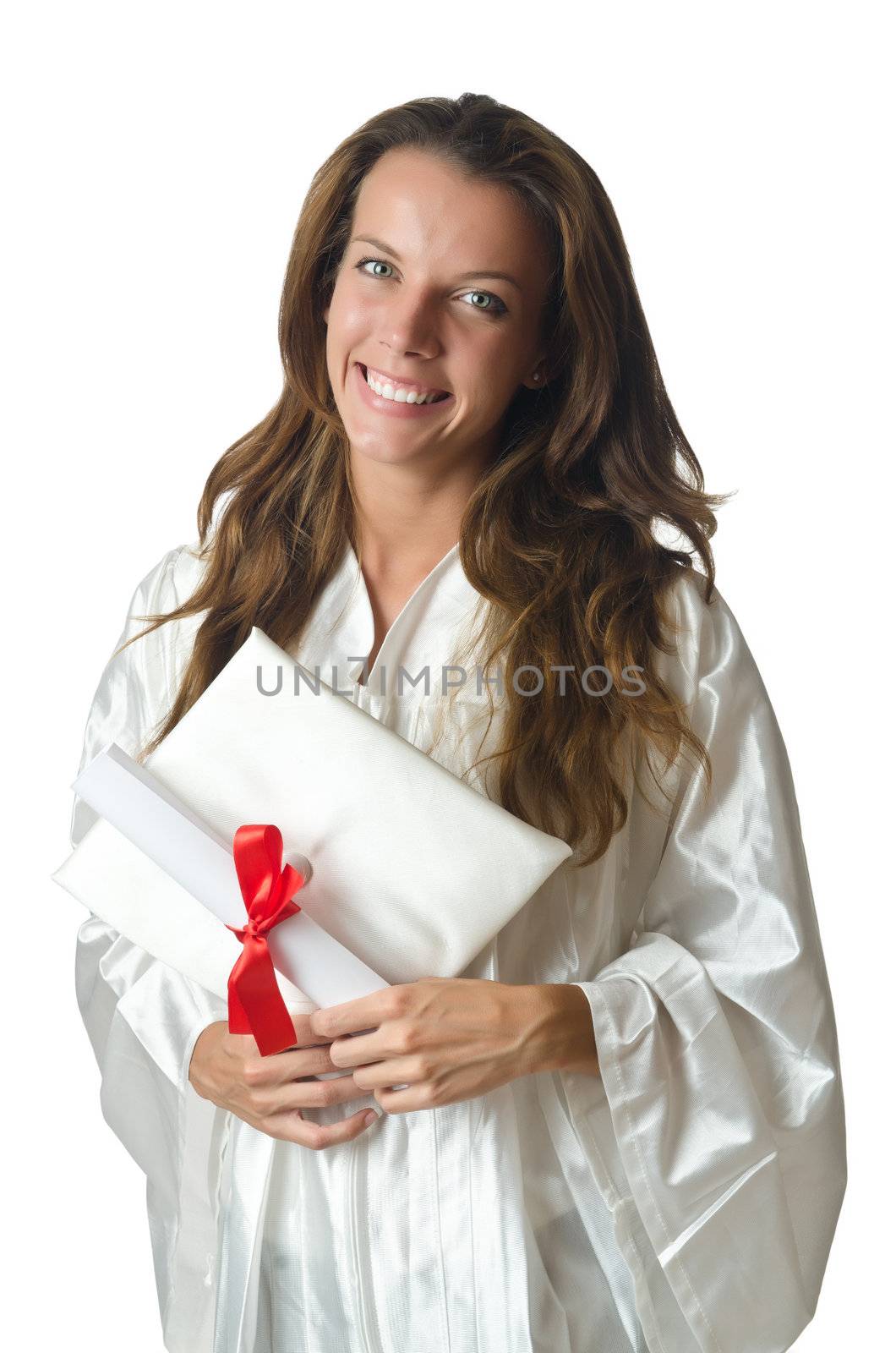 Young student with diploma on white