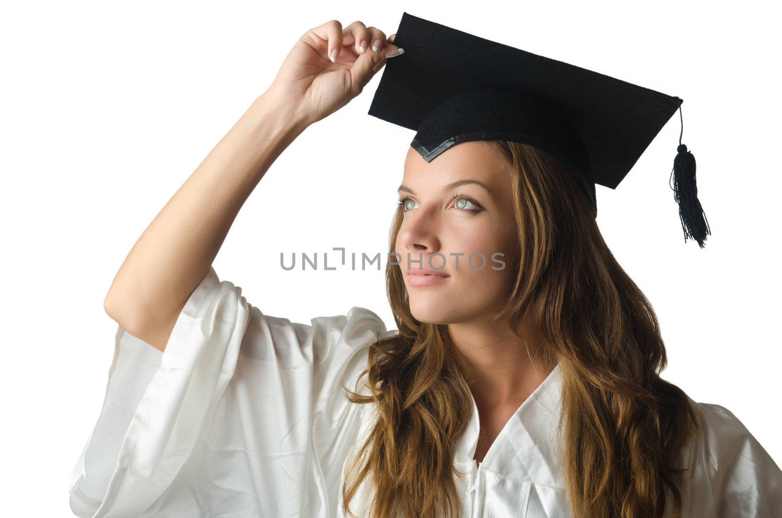 Young student with diploma on white by Elnur