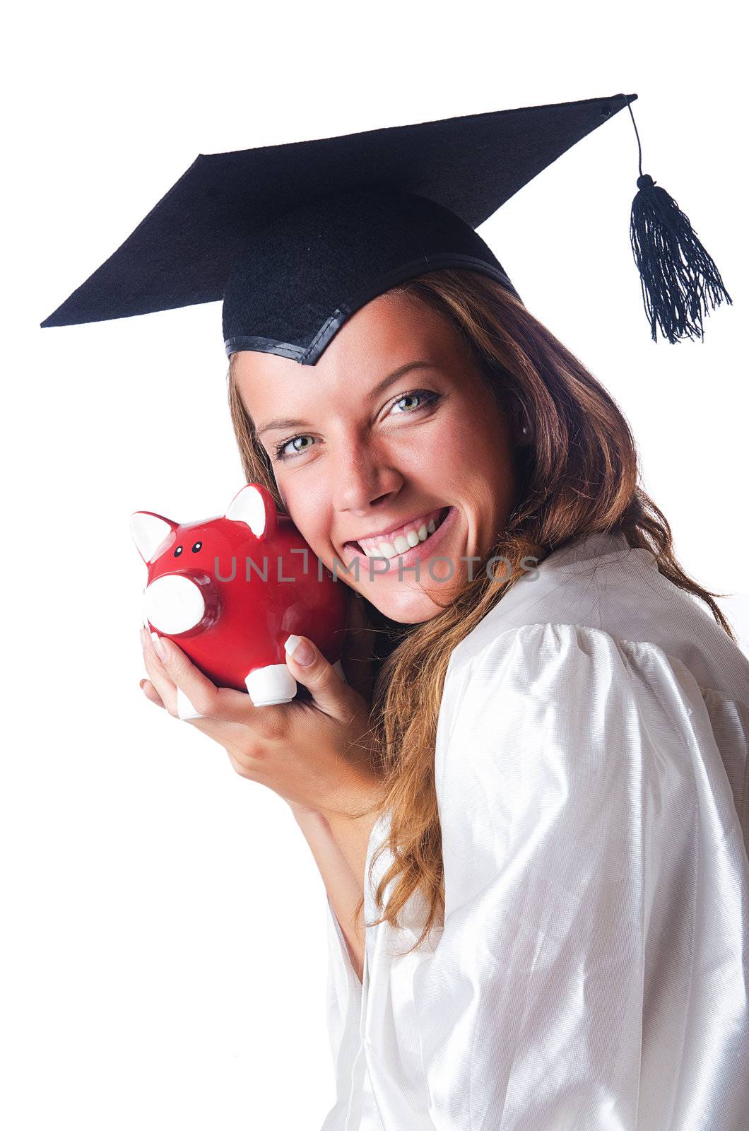 Student and piggy bank on white by Elnur