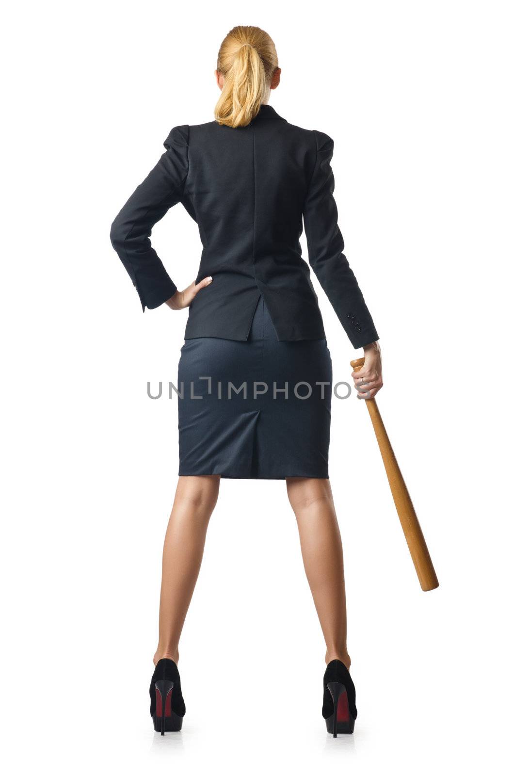 Businesswoman with baseball bat on white by Elnur
