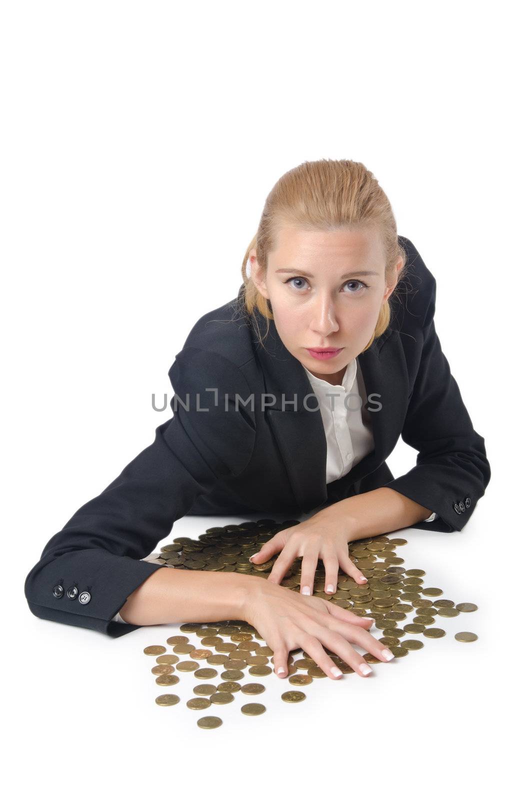 Woman with lots of coins on white