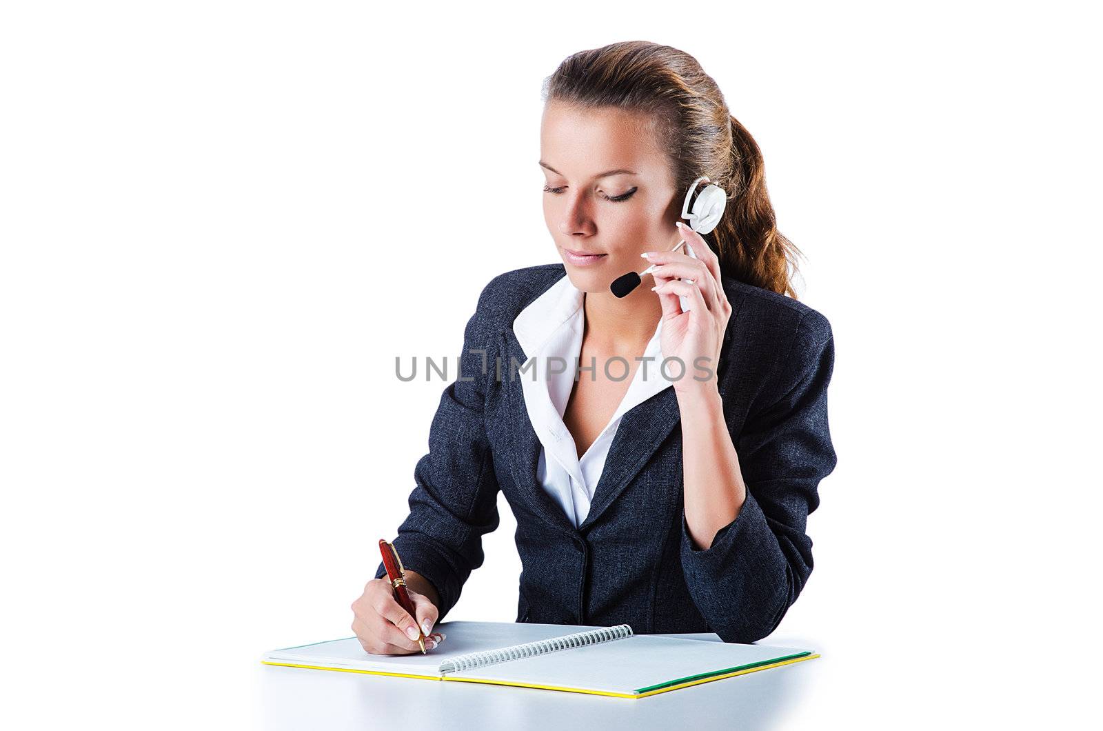 Female helpdesk operator on white