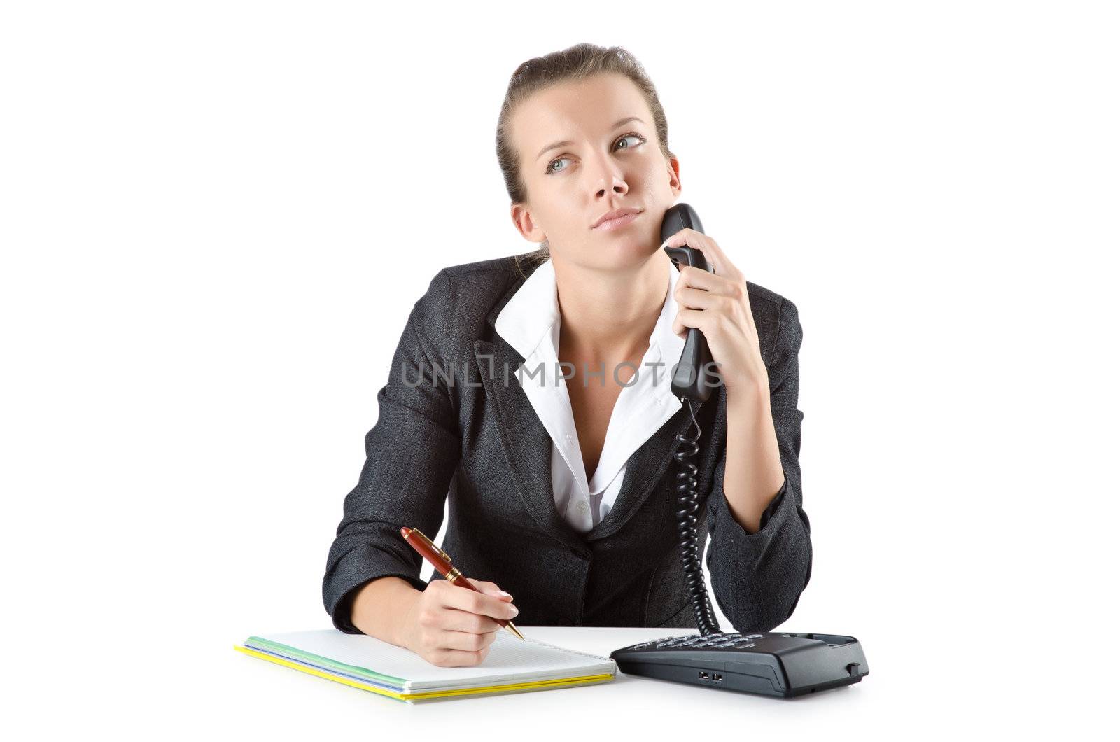 Attractive helpdesk operator on white