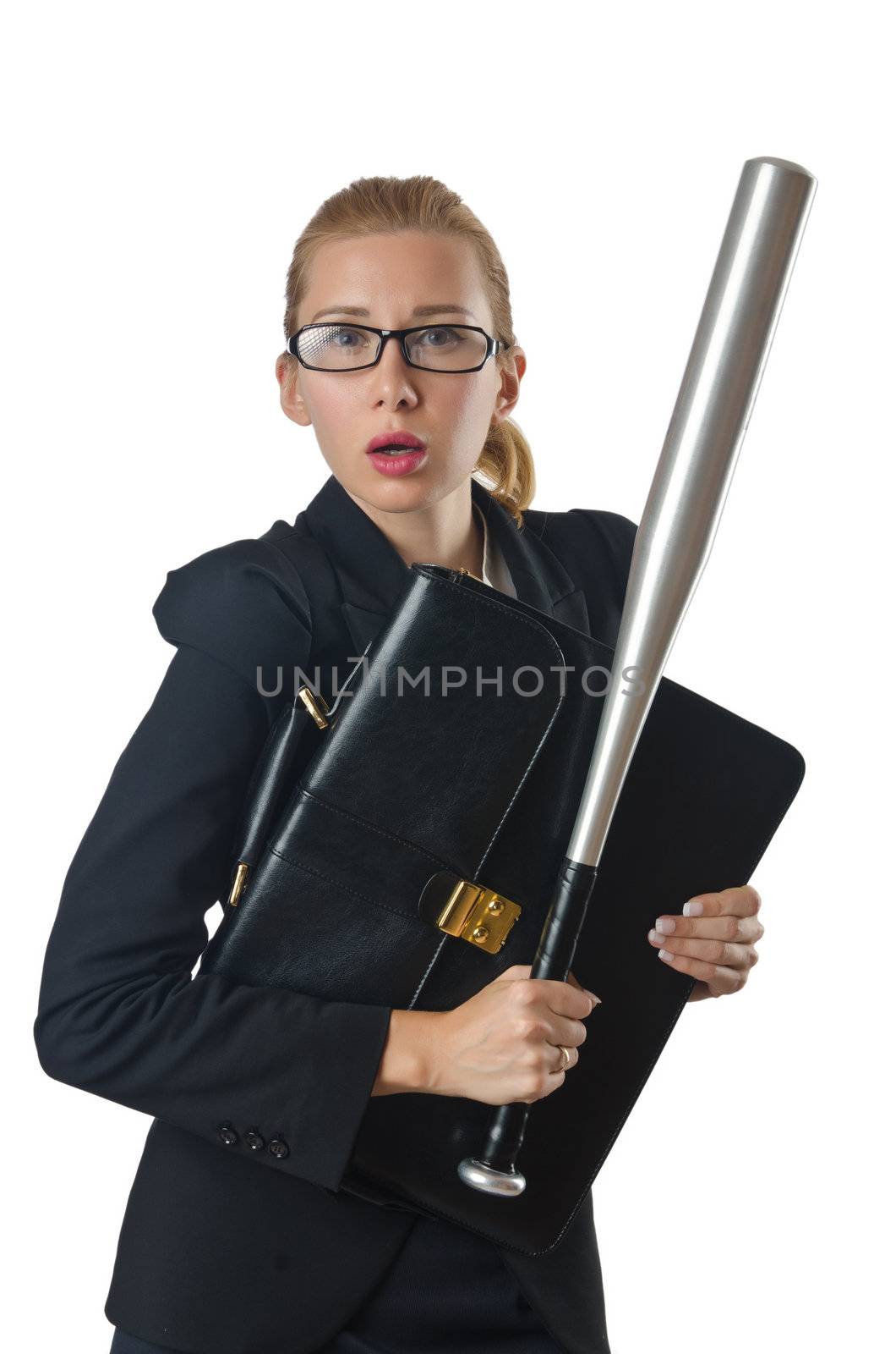 Businesswoman with baseball bat on white