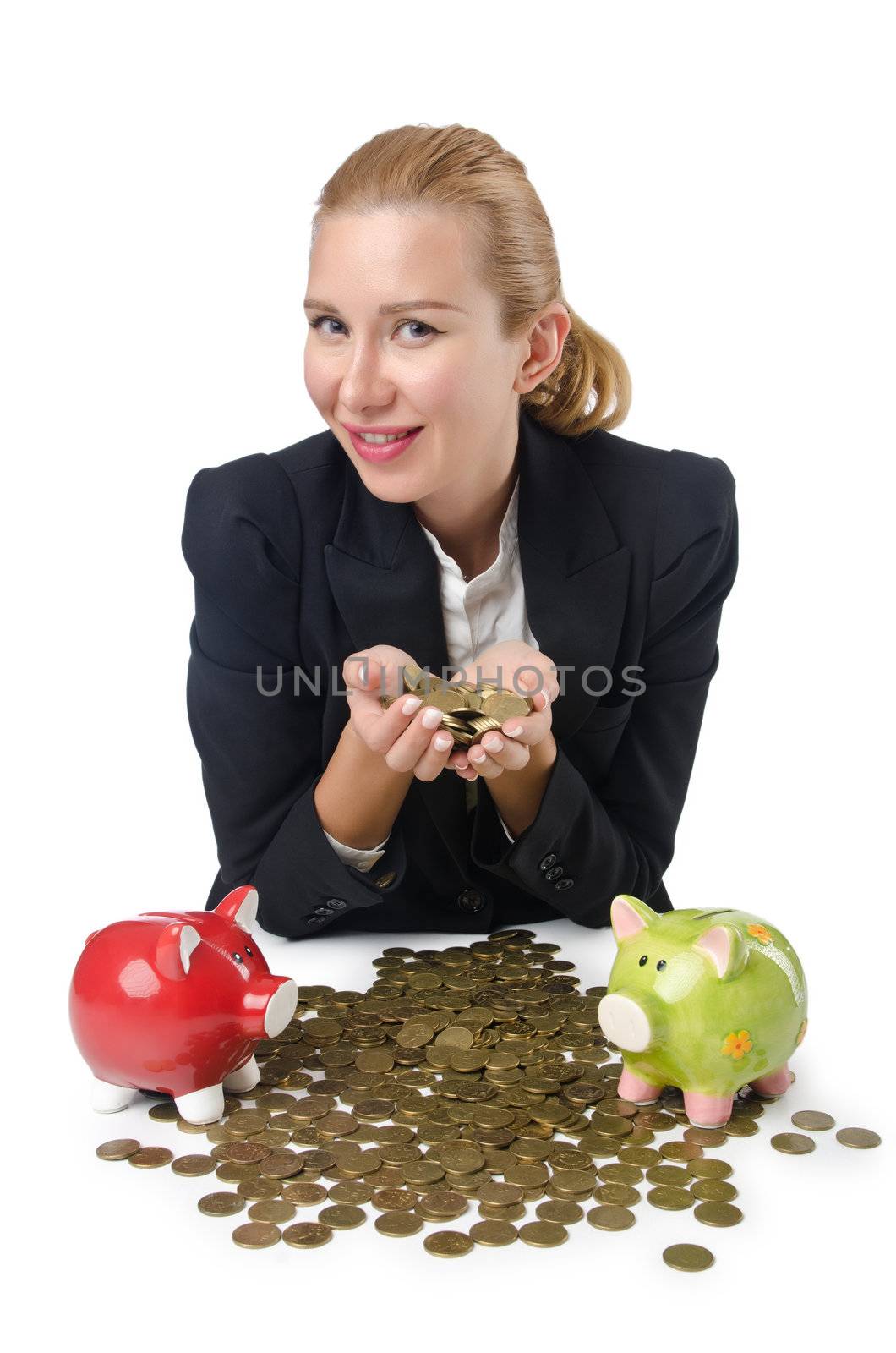 Woman breaking piggy bank for savings by Elnur