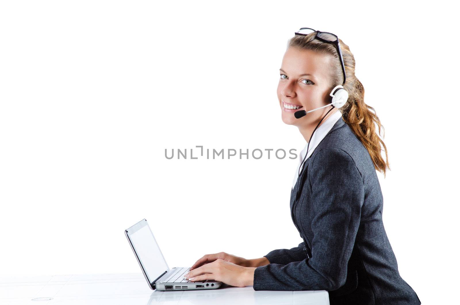 Female helpdesk operator on white by Elnur