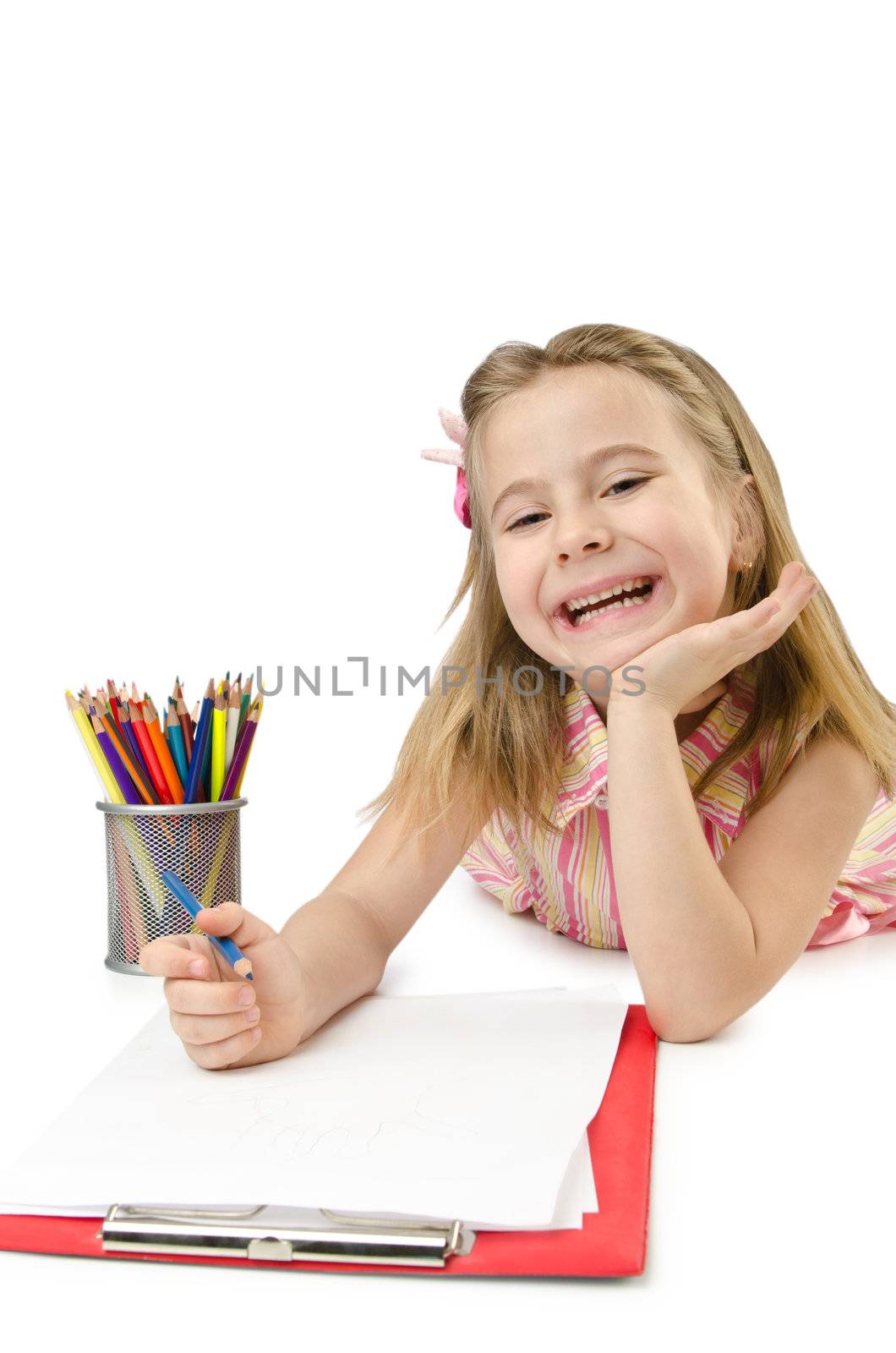 Little girl writing with pencils by Elnur