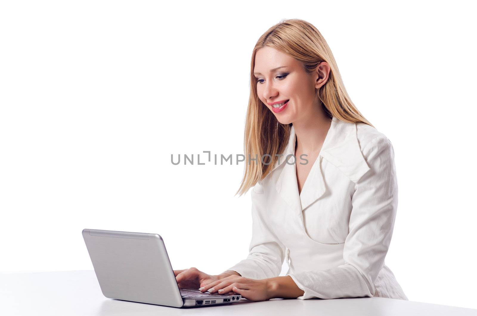 Woman with laptop on white by Elnur