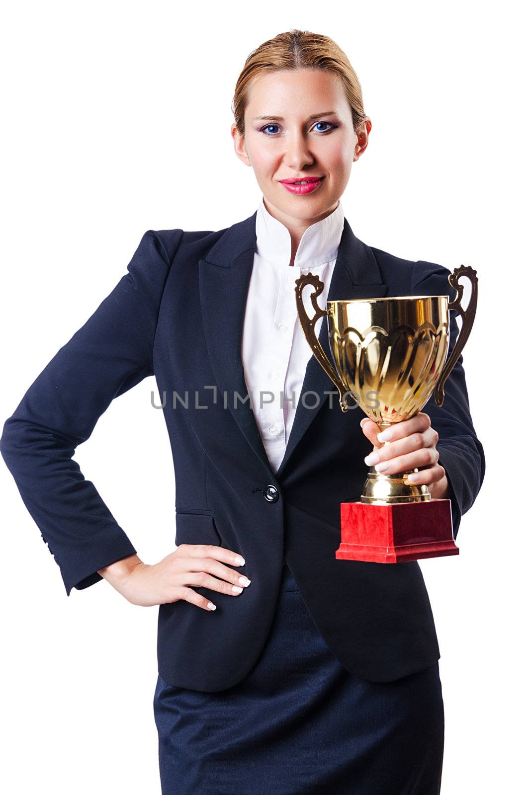 Businesswoman with prize on white