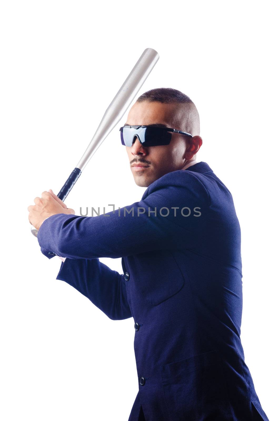 Handsome businessman with bat on white by Elnur