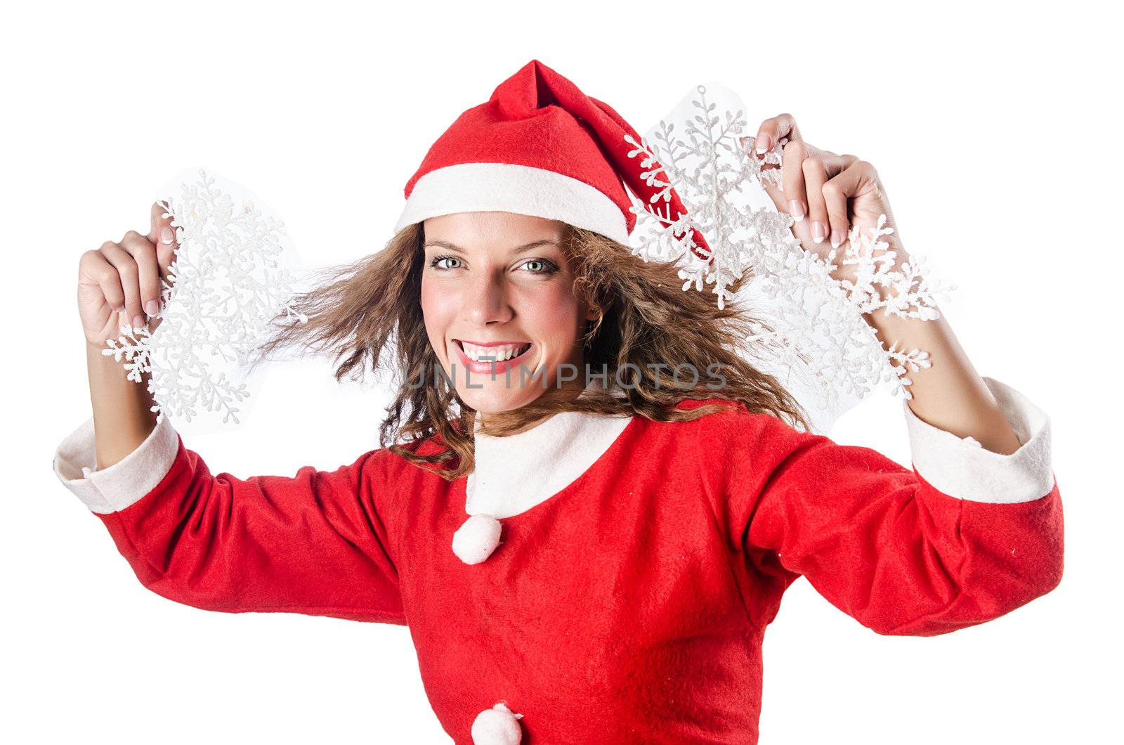 Woman santa claus on white by Elnur