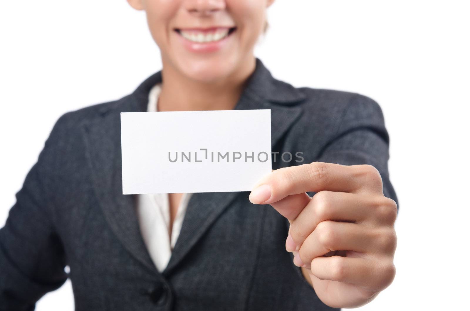 Woman with blank message on white by Elnur