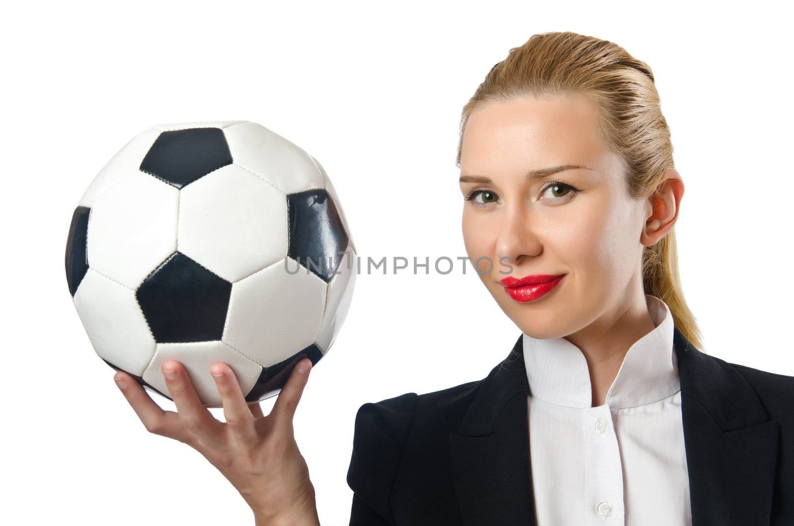 Businesswoman with football on white