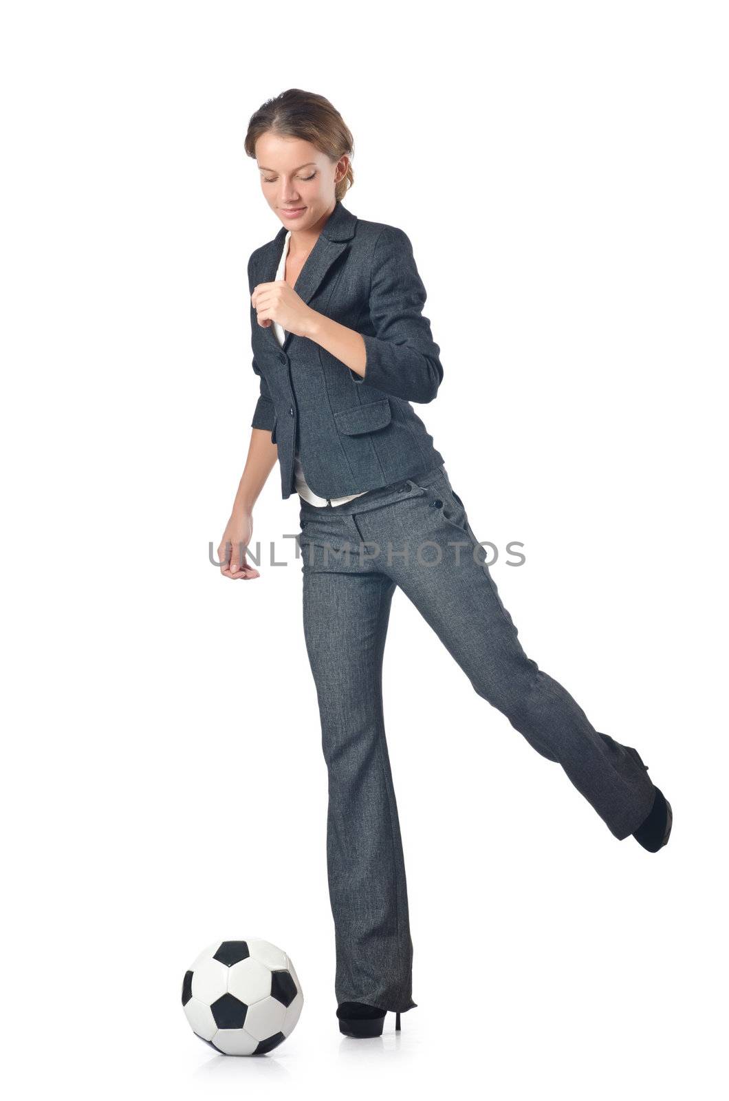 Businesswoman with football on white