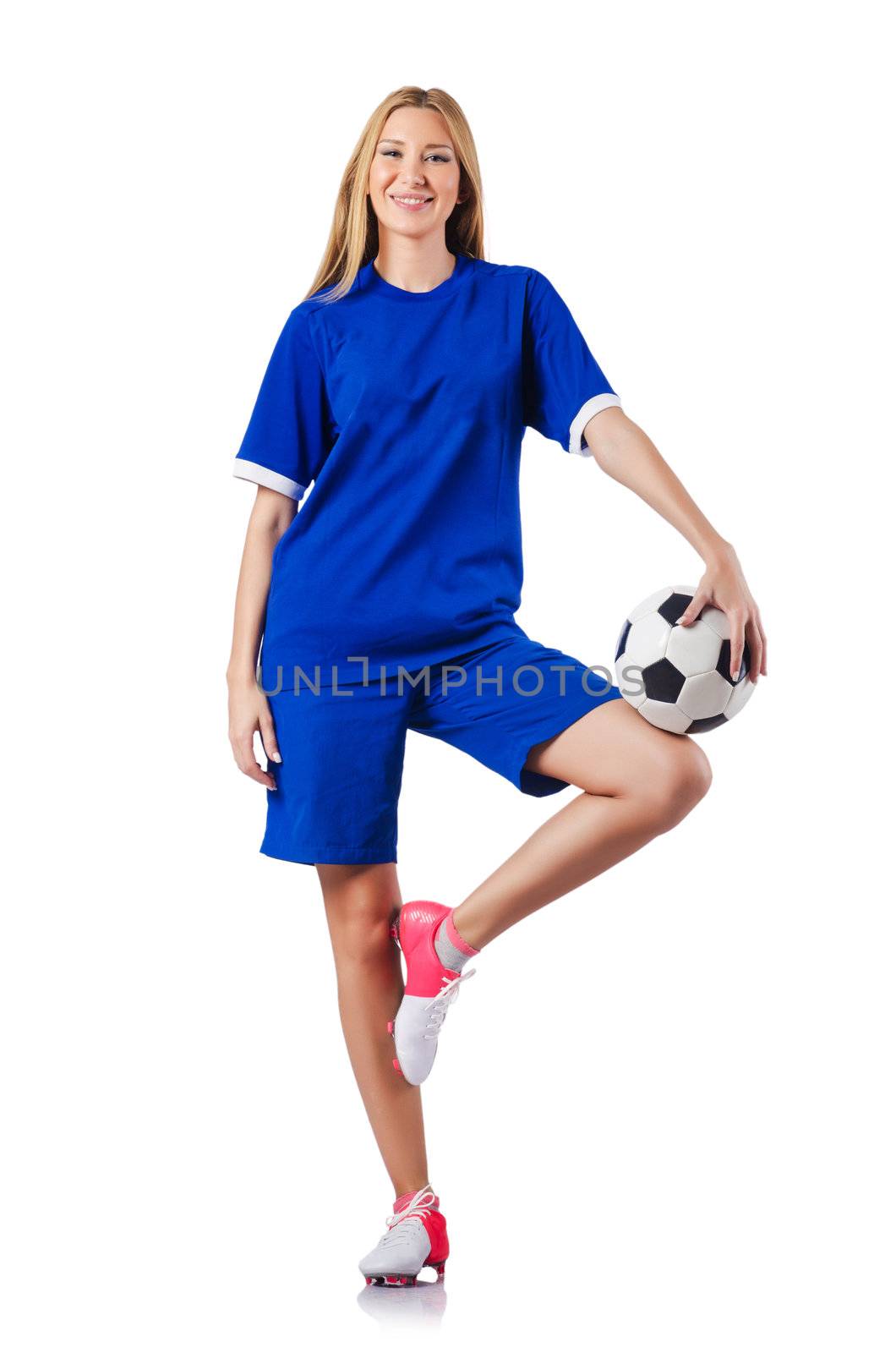 Woman playing football on white