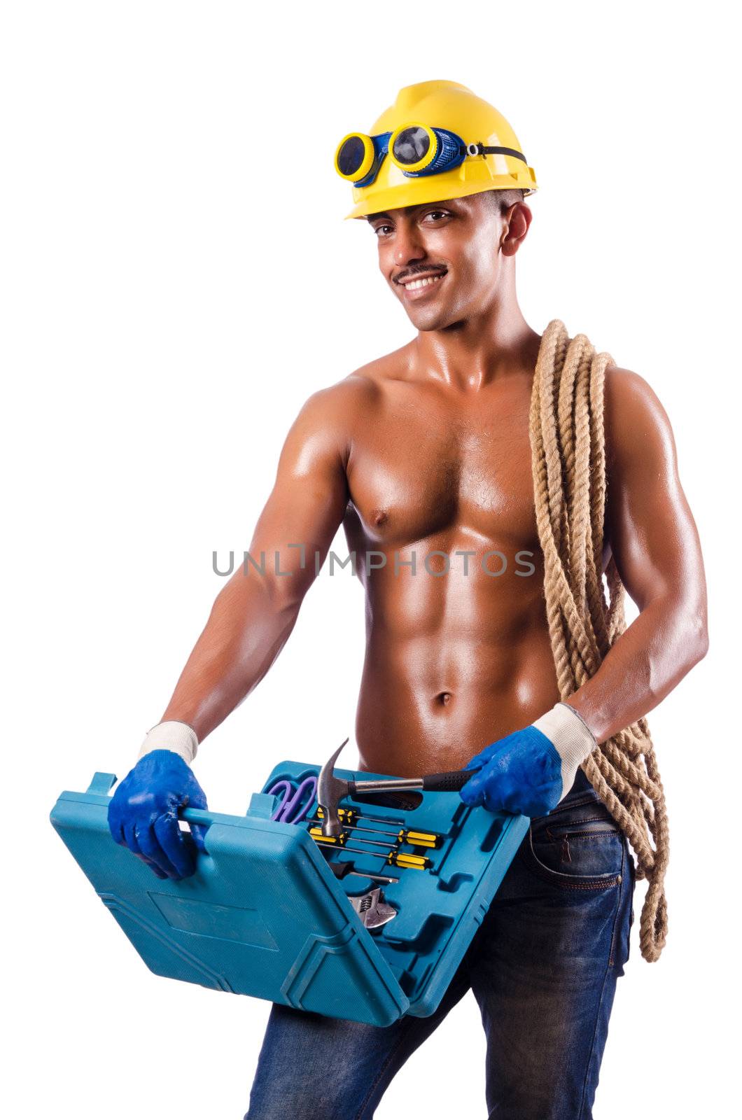Muscular builder with tools isolated on white by Elnur