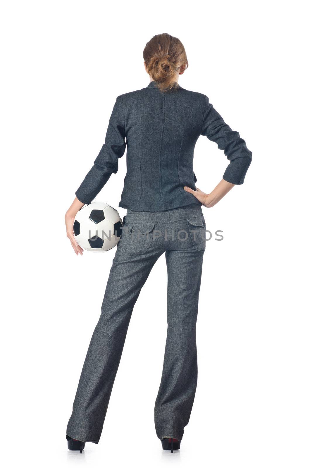 Businesswoman with football on white