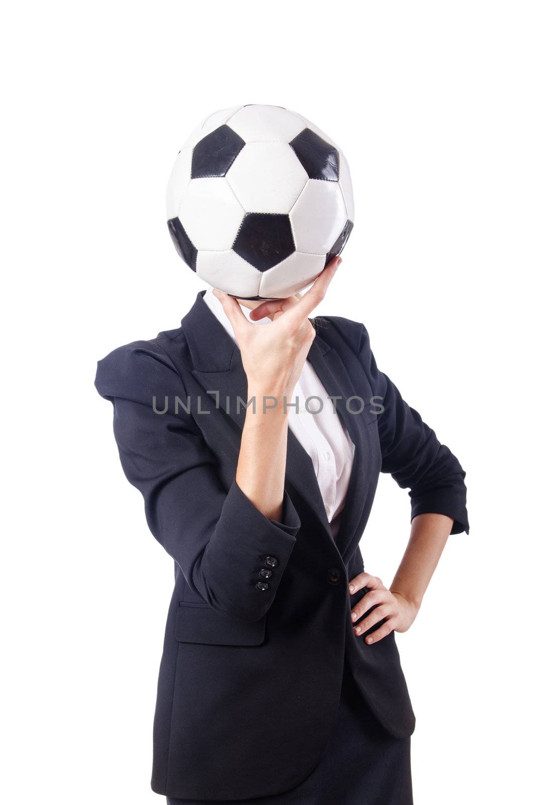 Businesswoman with football on white by Elnur