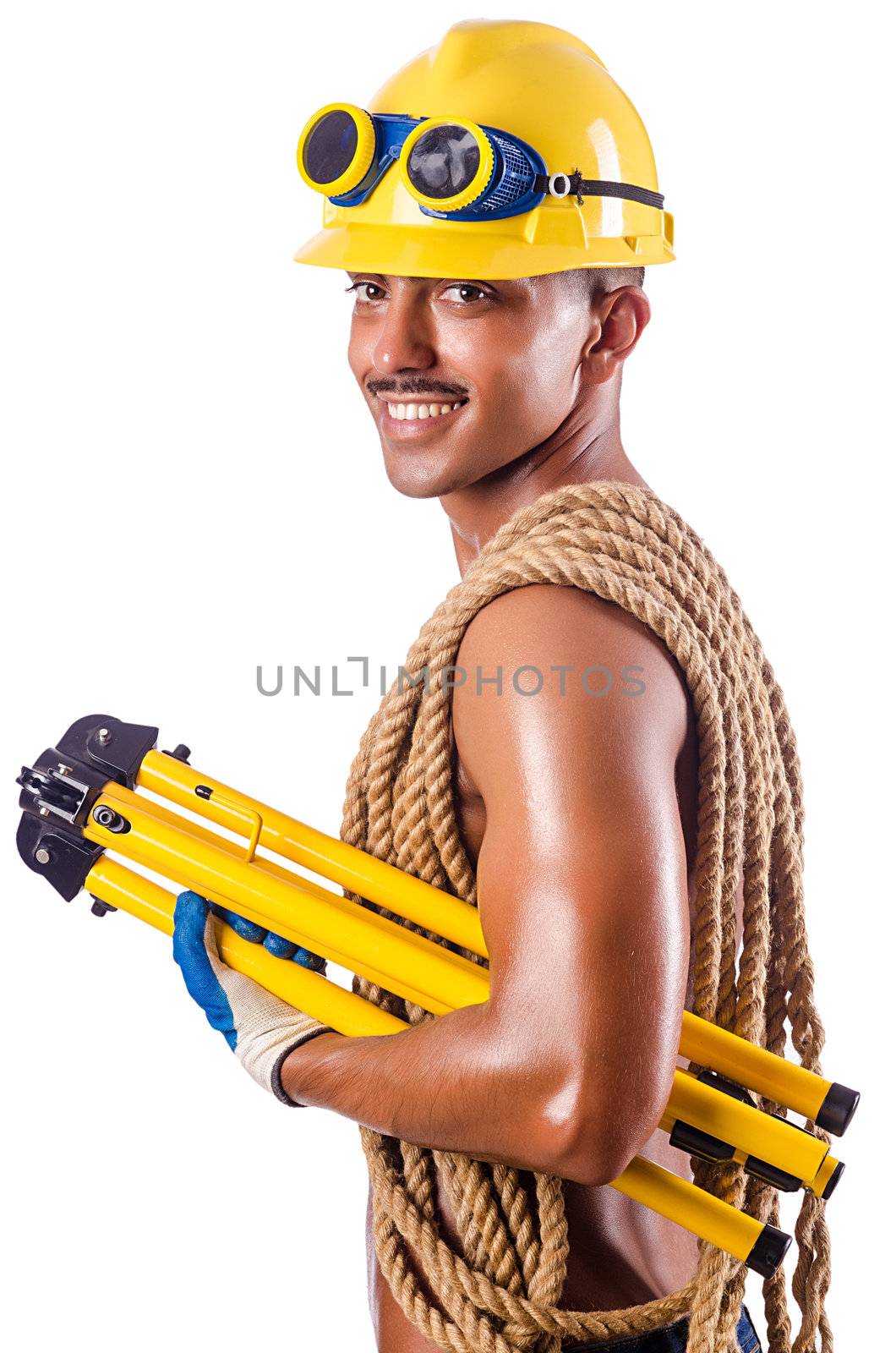 Muscular builder with tools isolated on white