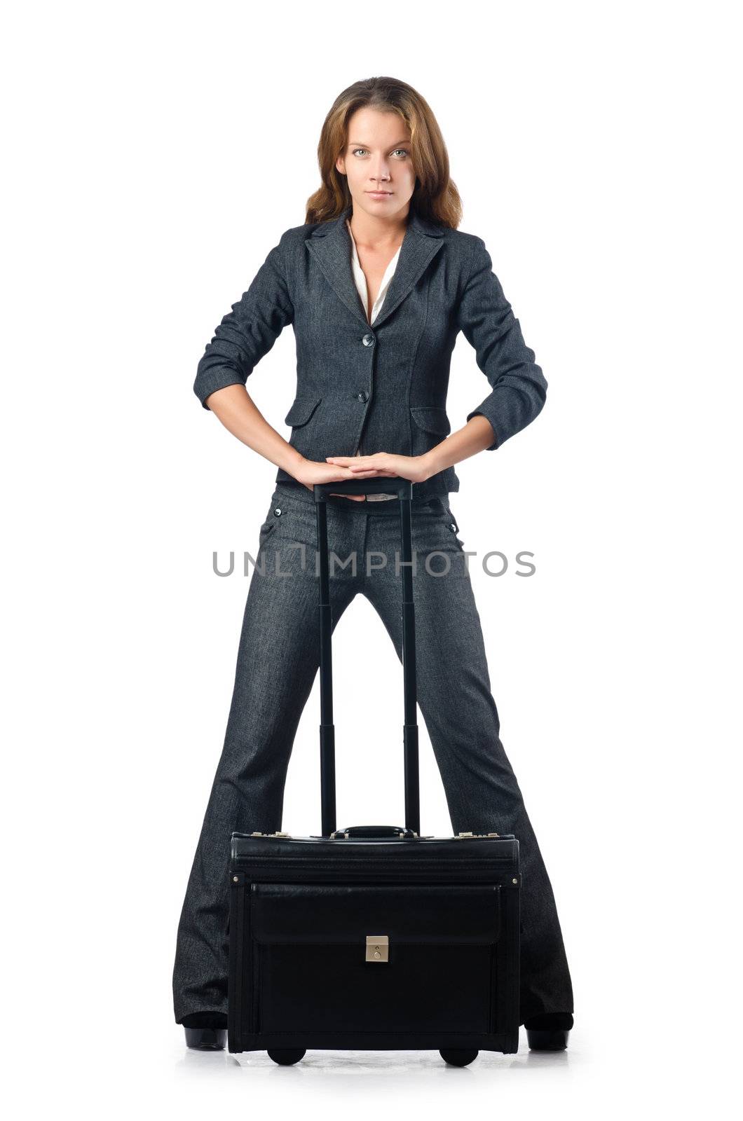 Businesswoman with travel case on white by Elnur