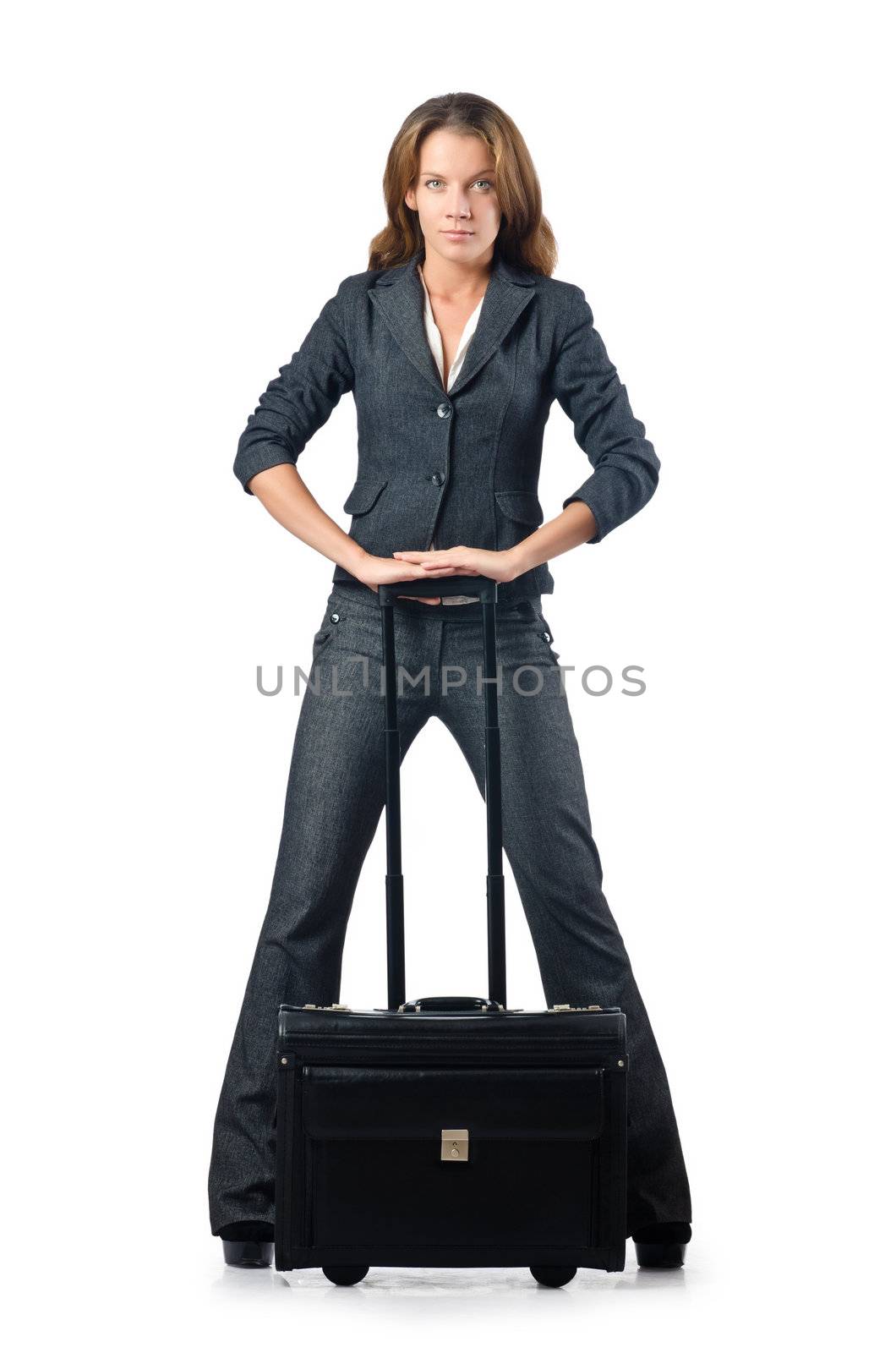 Businesswoman with travel case on white