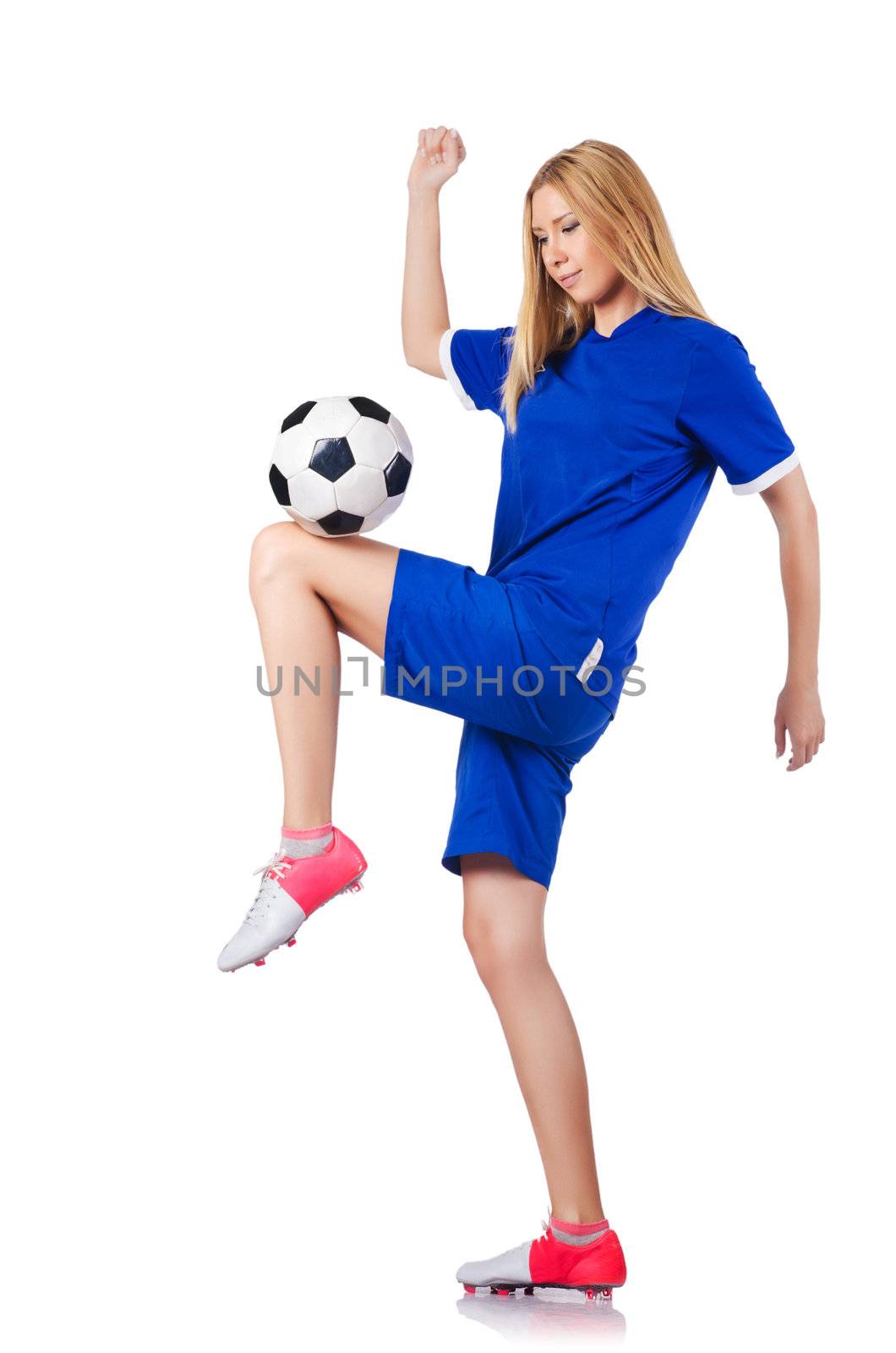 Woman playing football on white by Elnur
