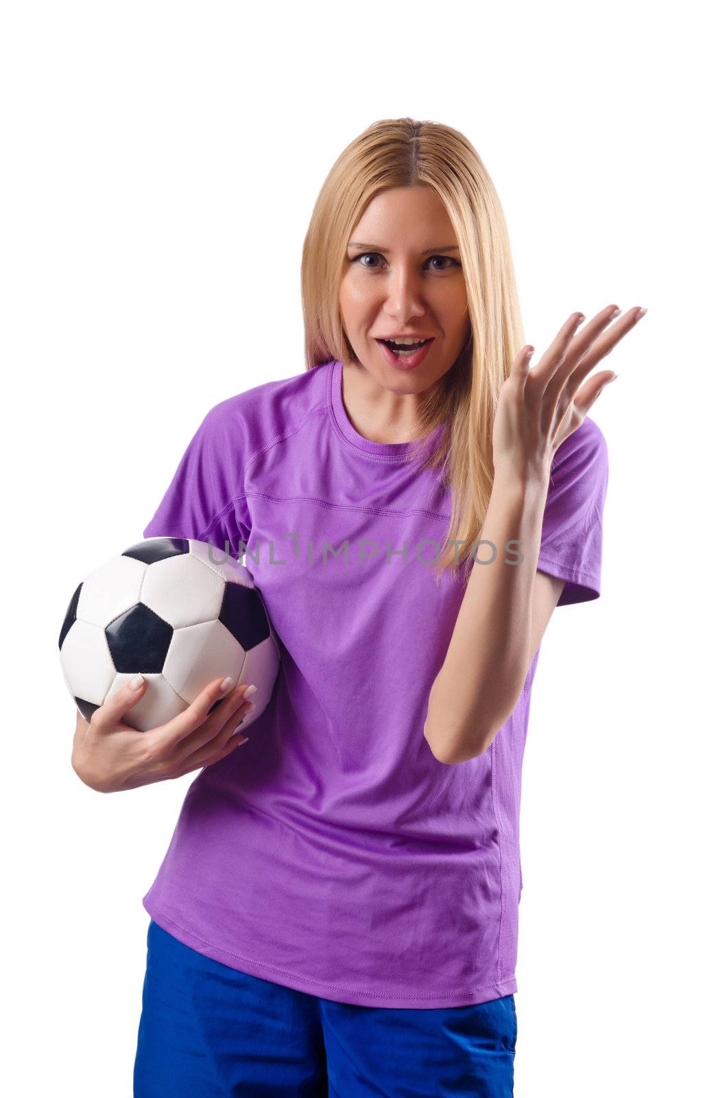 Woman playing football on white