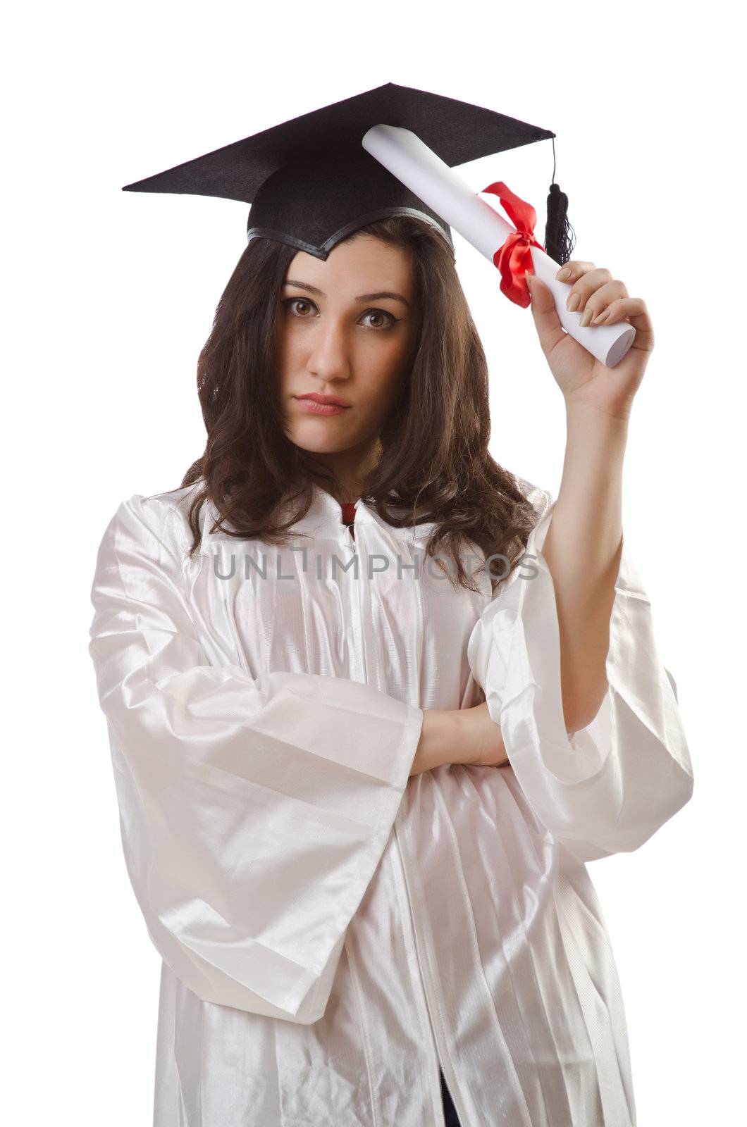 Graduate with diploma on white by Elnur