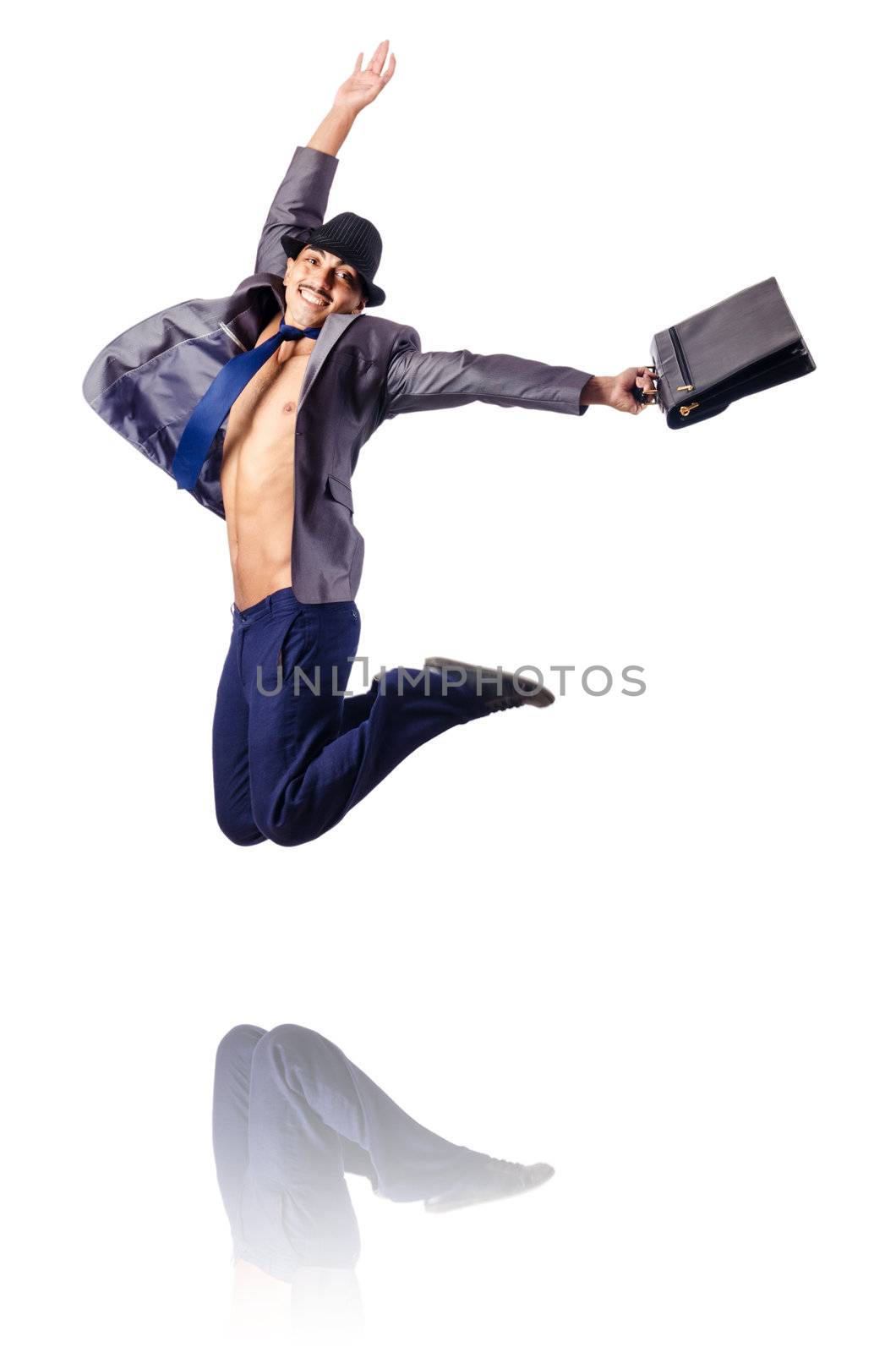 Naked businessman jumping on white by Elnur